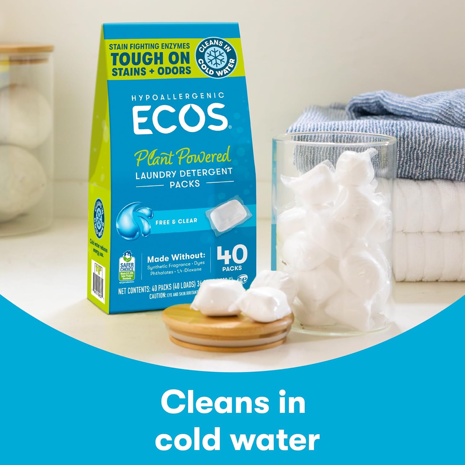 ECOS Laundry Detergent Packs, 80 Loads - 100% Plastic Free Packaging - Convenient No Mess Washing Soap Packs - Hypoallergenic for Sensitive Skin - Free & Clear - Image 4
