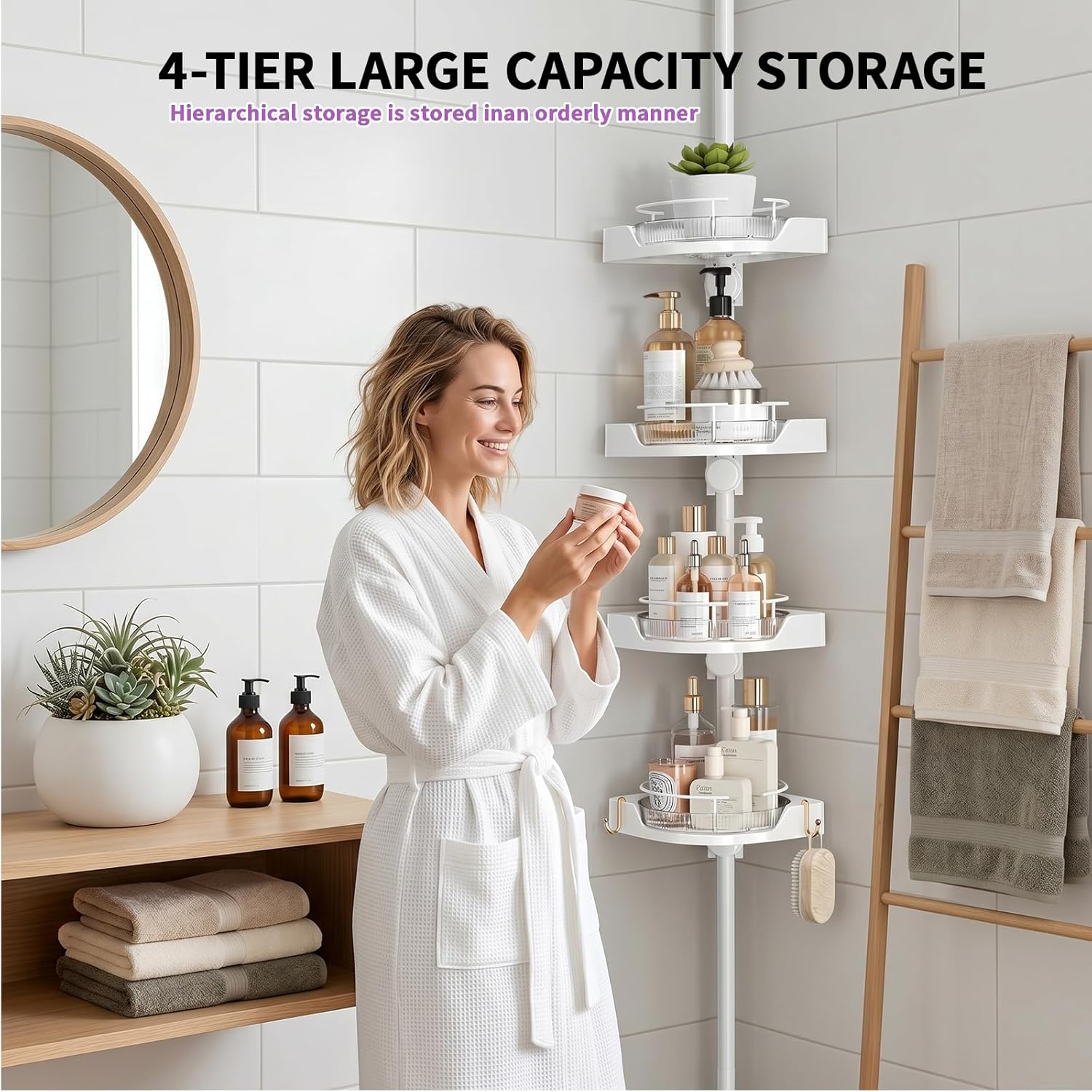 YCIA&DONE 360° Rotating Shower Caddy Tension Pole, 4 Tiers Corner Shower Organizer for Bathroom Shelf Bathtub, Adjustable Standing Shower Rack, Easily Assemble, 34-124 Inch Height, White - Image 4