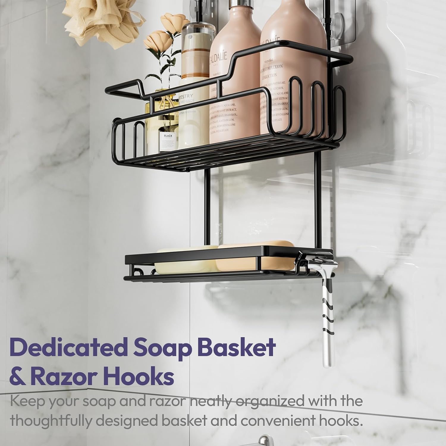 SWTYMIKI Bathroom Shower Caddy Hanging - 3 Tier Rustproof Over Shower Head Organizer, No Drilling Bathroom Shelf with 16 Hooks & Soap Holder, Anti-Swing Rack for Shampoo,Sponge,Towel, Black, Medium - Image 6