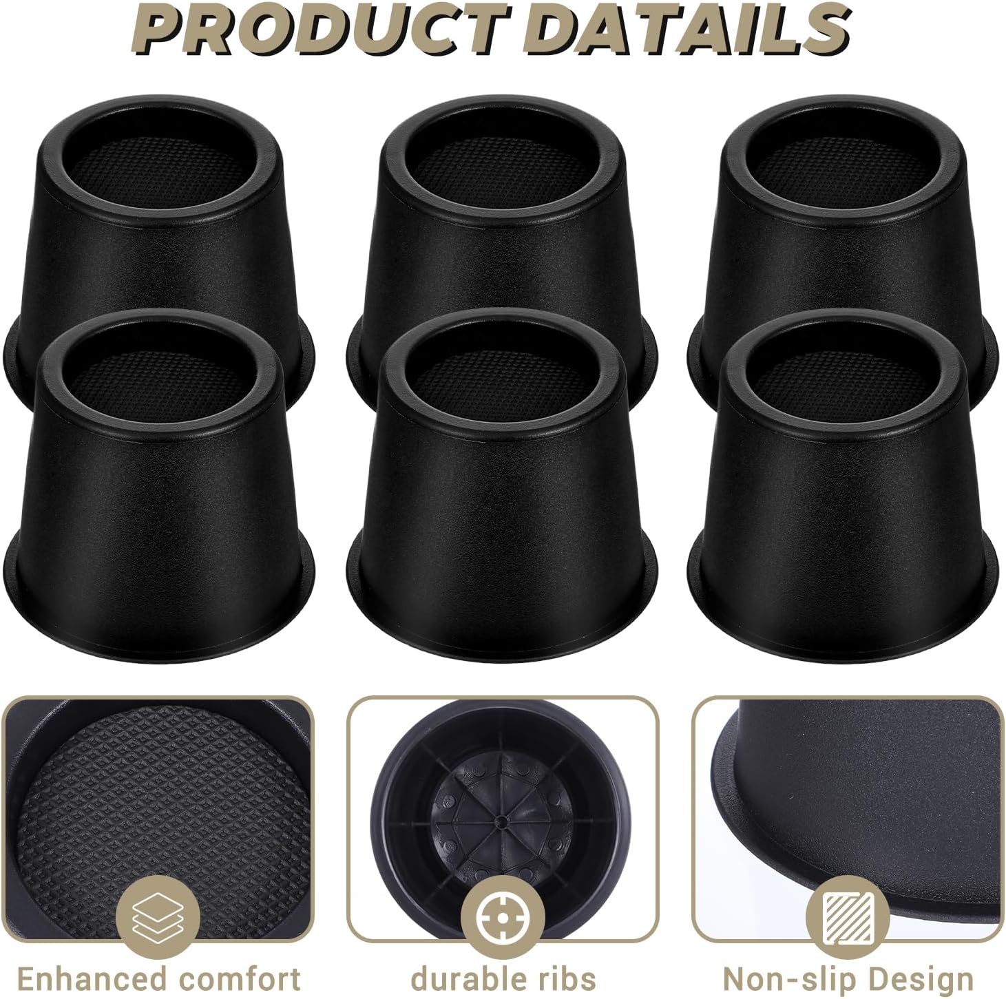 6 Pack Black Bed Risers 4 Inch Heavy Duty, Round Furniture Risers for Bed Desk Leg Table Sofa Couch, Support up to 3300 Lbs - Image 4