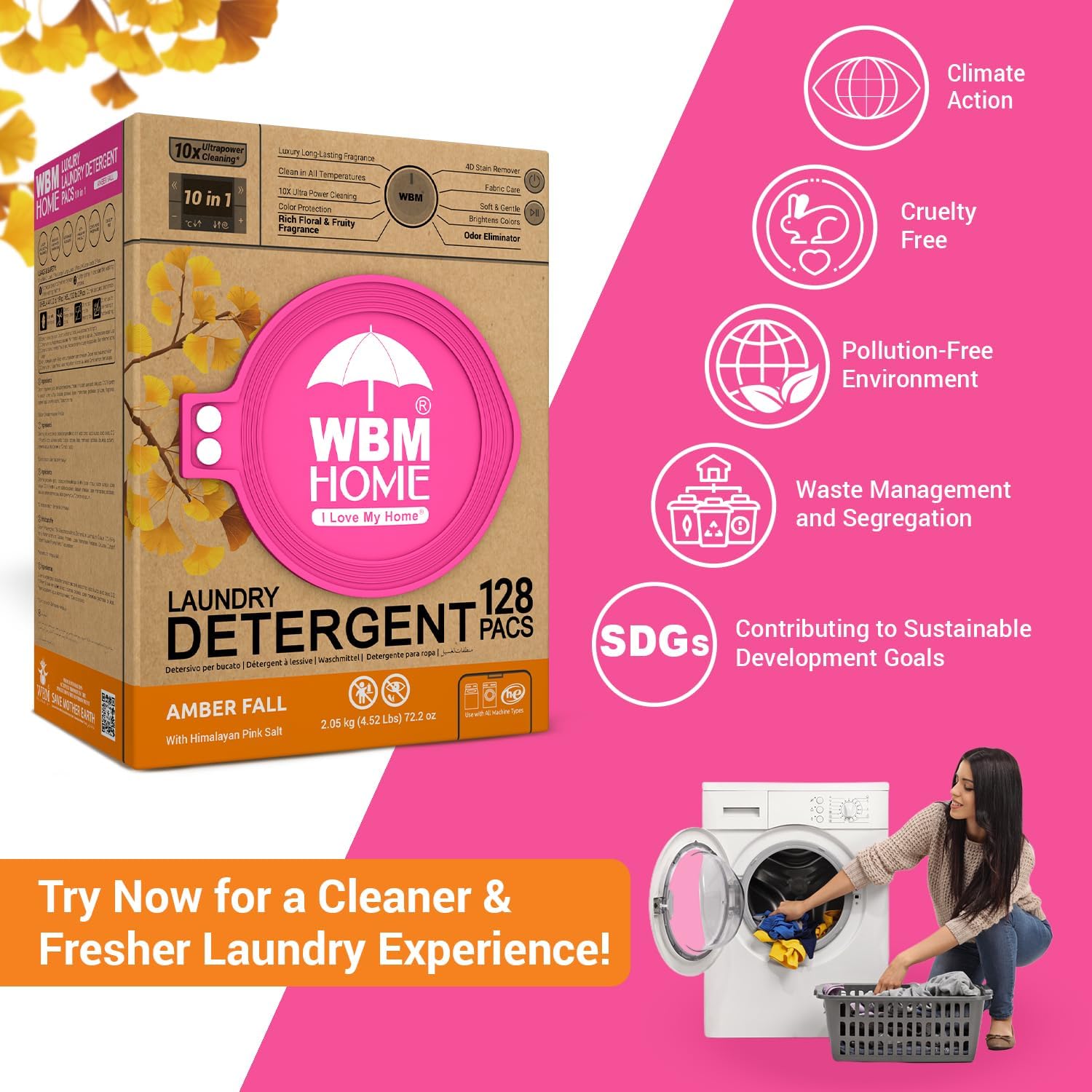 WBM Home Laundry Detergent Pods, Total 128 Count | Amber Fall Fragrance | 10 in 1 Laundry pods Detergent Ultra Power Cleaning with Plant-Based Scent, Extra Protection With 4D Stain Remover - Image 5