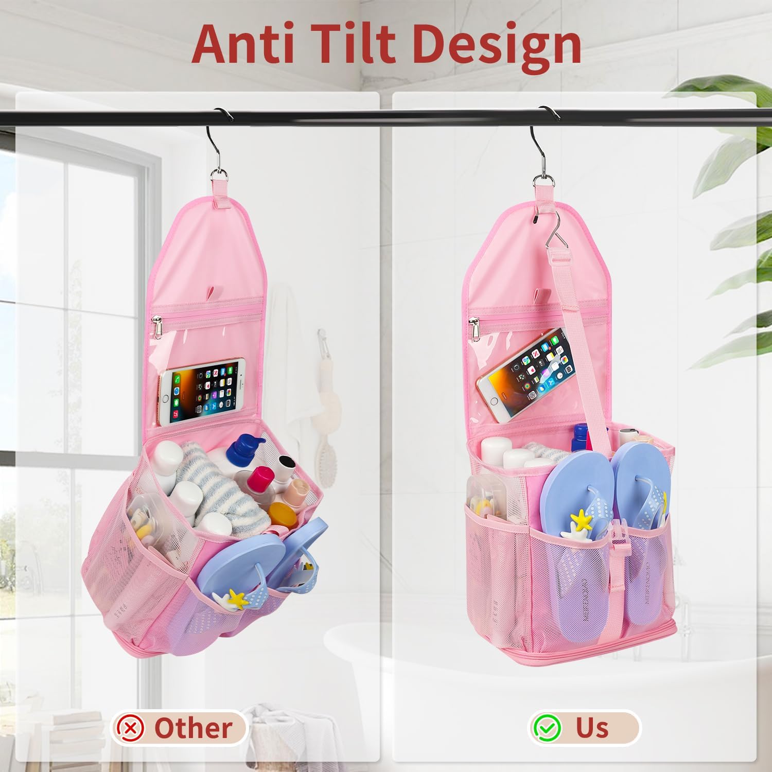 Ethereal Pink Hanging Mesh Shower Caddy Portable for College Dorm Room Essentials, Large Capacity Shower Bag for Guys/Girls, for Beach, Swimming, Gym - Image 3