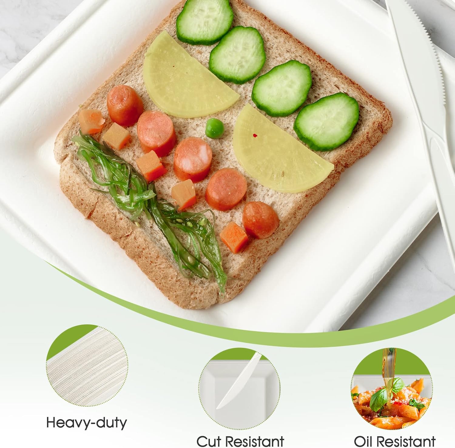 ECOLipak 150 Piecs Compostable Square Plates, 6 inch Eco-friendly Heavy Duty Biodegradable Sugarcane Disposable Paper Plates for Party Dinner Birthday - Image 4