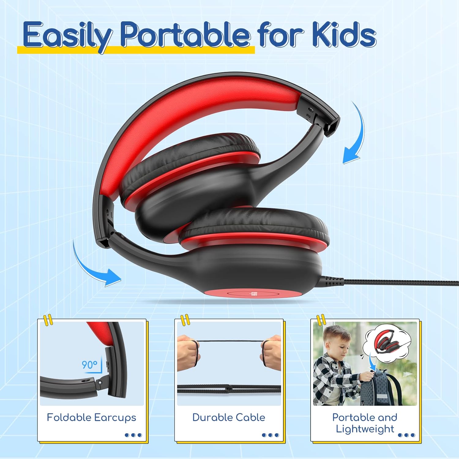 EarFun K1 Kids Headphones Wired with Microphone, 85/94dB Volume Limit Headphones for Kids, Portable Wired Headphone with Shareport, Stereo Sound Foldable Headset for School/Tablet/iPad, Black Red - Image 8