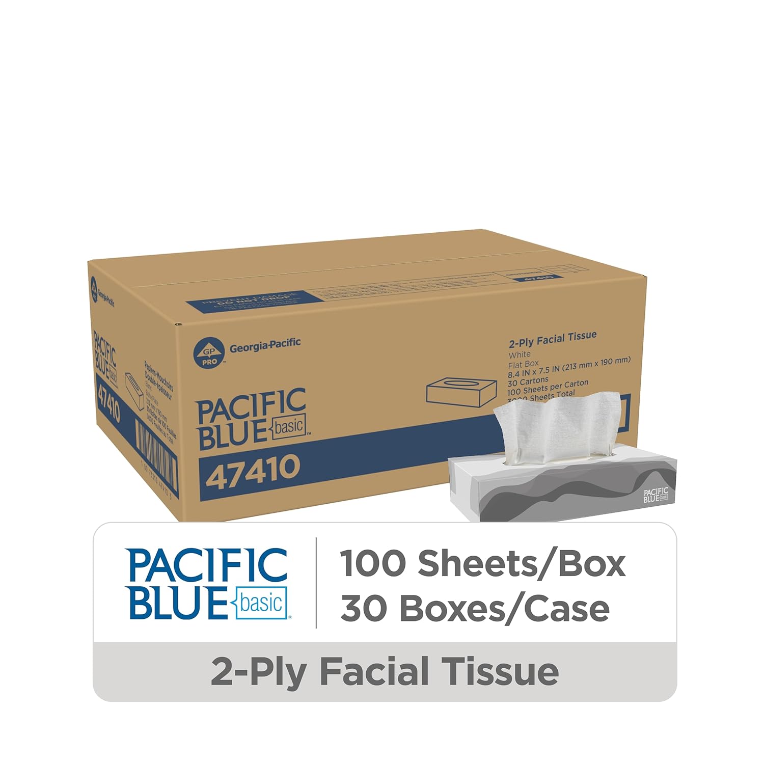 Georgia-Pacific Pacific Blue Basic 2-Ply Facial Tissue (47410), 100 Sheets Per Box, 30 Flat Boxes Per Bulk Case - Image 2