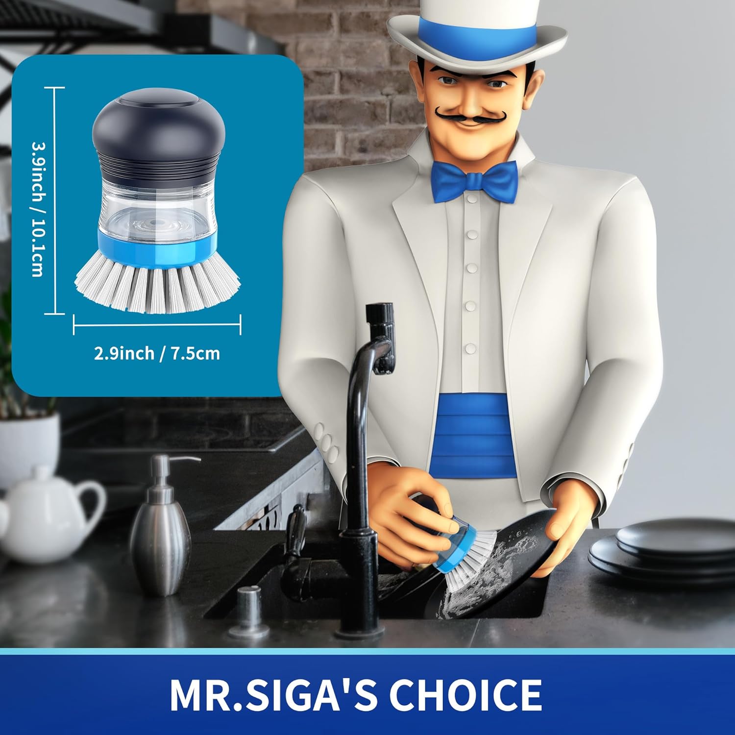MR.SIGA Soap Dispensing Palm Brush, Kitchen Brush for Dish Pot Pan Sink Cleaning, Pack of 1, Navy/Blue - Image 3