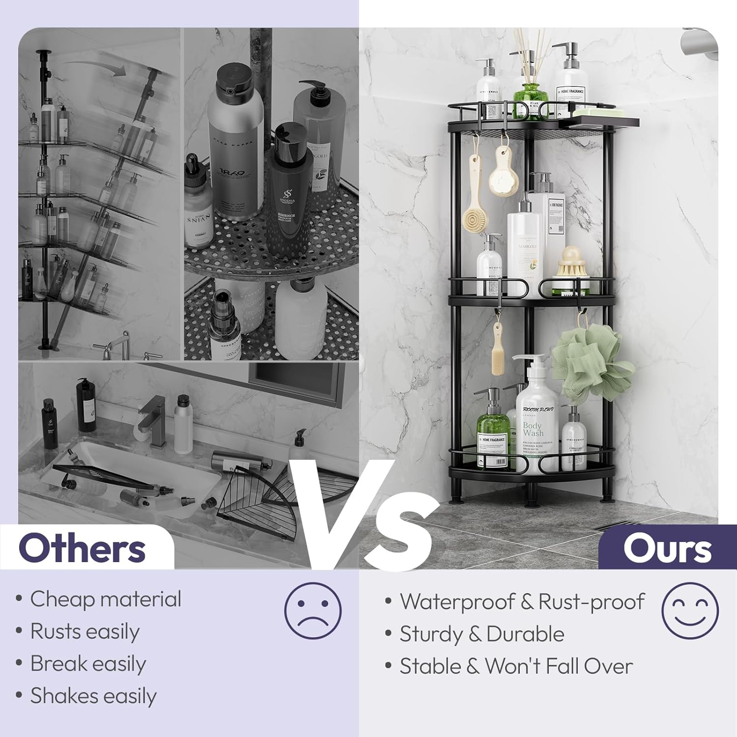 SWTYMIKI Corner Shower Caddy Standing - 3 Tier Rustproof Metal Shower Organizer Stand with Soap Holder and 4 Hooks, Freestanding Floor Shower Storage Stands for Bathroom, Black - Image 5