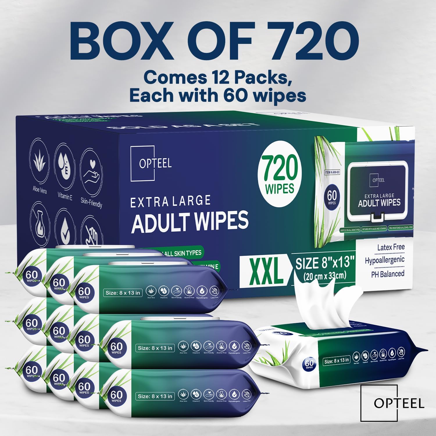 OPTEEL Adult Wipes For Elderly - 8"x13" Extra Large & Soft Wet Wipes for Adults Bathing - Incontinence Disposable Washcloths, Vitamin E & Aloe Infused for Men & Women 720ct (12 Packs of 60) - Image 8
