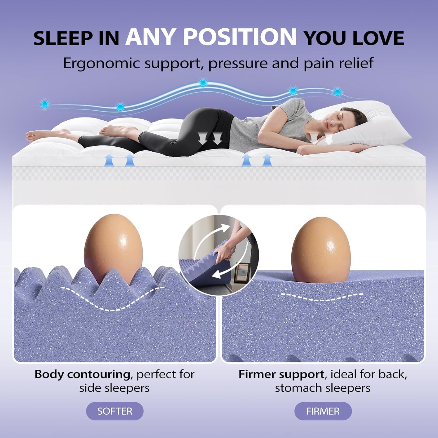 downluxe 4 Inch Queen Memory Foam Mattress Topper Pro Dual Layer 2 Inch Cooling Gel Egg Crate Memory Foam Plus 2 Inch Pillow Top Soft with Deep Pocket - Image 3