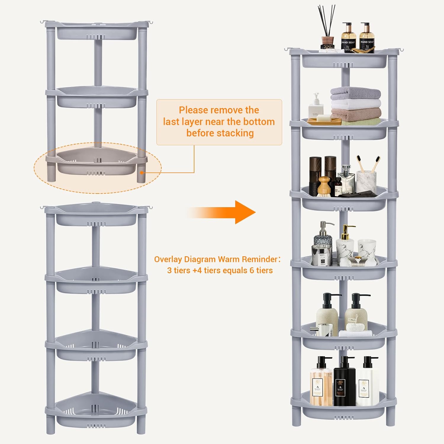ELYKEN 3 Tier Shower Caddy Organizer Shelf Corner, 14.4 x 11.2 x 22.4 Inches, Rustproof, Plastic Shower Rack Stands for Inside Bathroom, Bathtub, Shower pan, Grey - Image 6