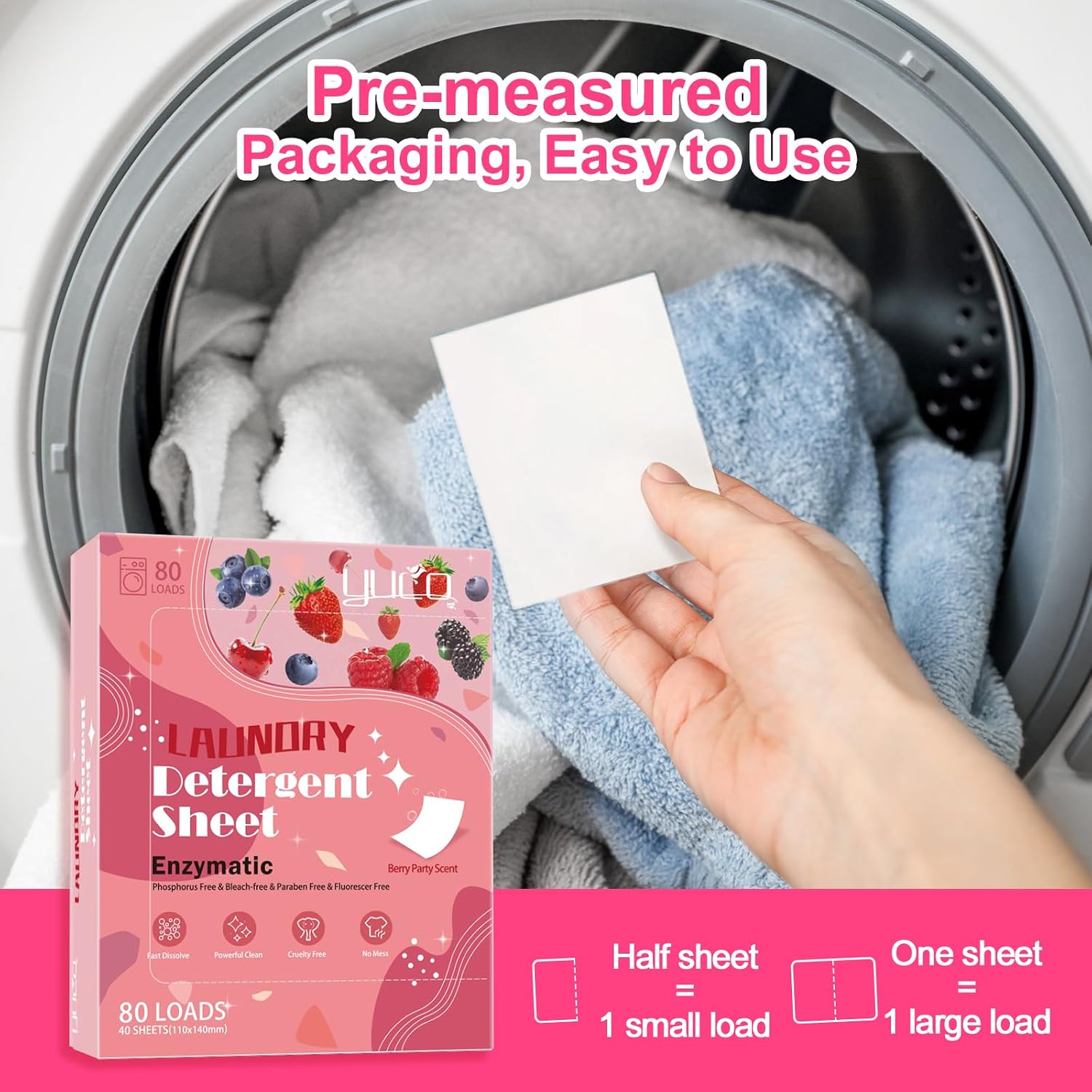 YUCO Laundry Detergent Sheets Berry Scent 80 Loads Eco Laundry Soap Washer Sheet, Liquidless Washing Detergent Sheets for Laundry for Travel, Plastic Free, Hypoallergenic - Image 6
