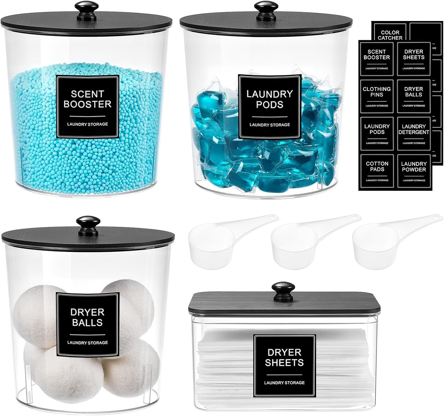 Laundry Pods Container & Dryer Sheet Holder, Laundry Room Organization and Storage Jars with Lids, Labels & Scoops for Powder Detergent Scent Booster, Black Lid - Image 2