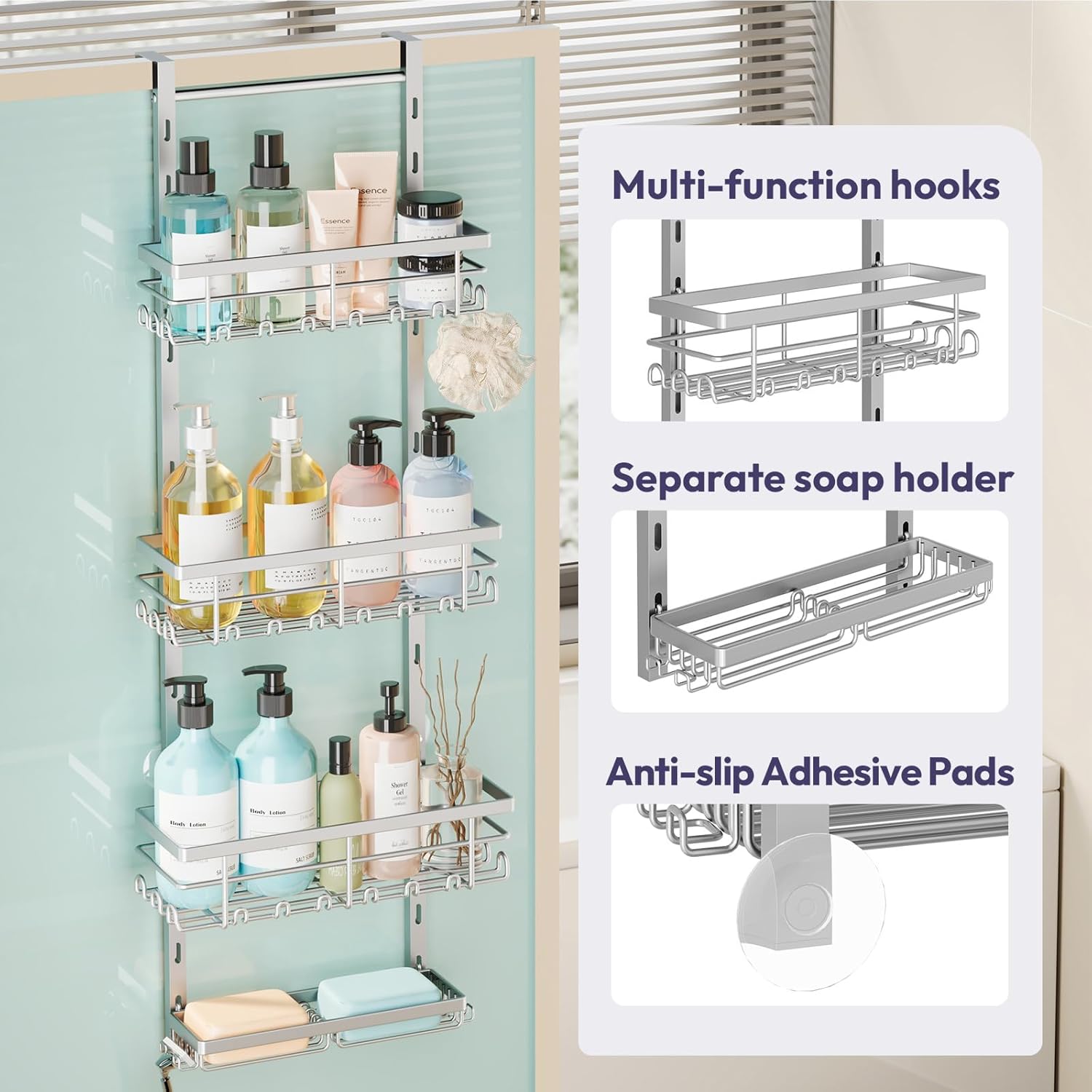 SWTYMIKI Over The Door Shower Caddy - 4 Tier Rustproof Hanging Shower Organizer with Adjustable Shelves, 40 Hooks & Soap Holder, Hanging Shower Rack Storage for Bathroom Accessories, Silver - Image 4
