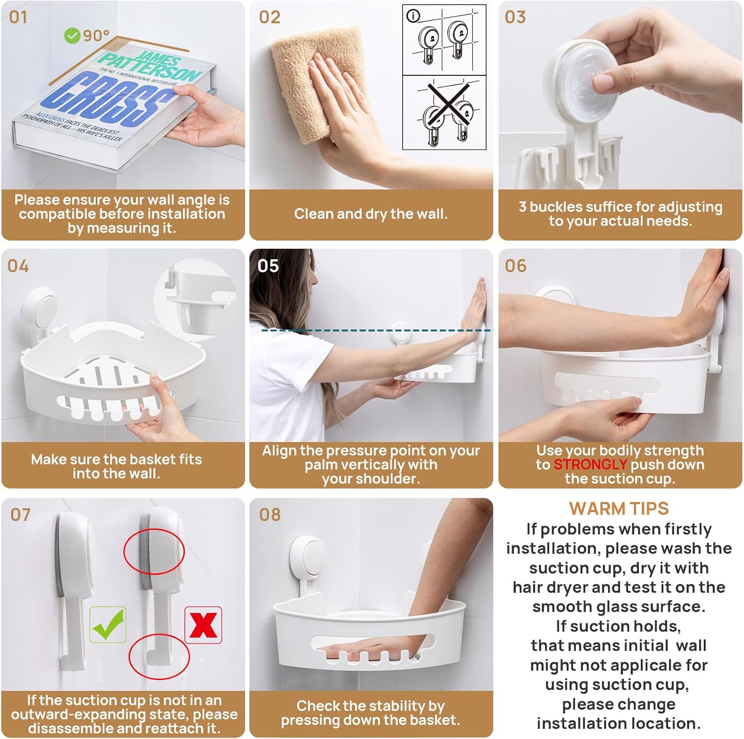 LEVERLOC Corner Shower Caddy Suction Cup, Shower Caddy Basket Powerful Suction Bathroom, Waterproof & Rustproof Organizer for Bathroom Storage, No-Drilling Removable (White) - Image 5
