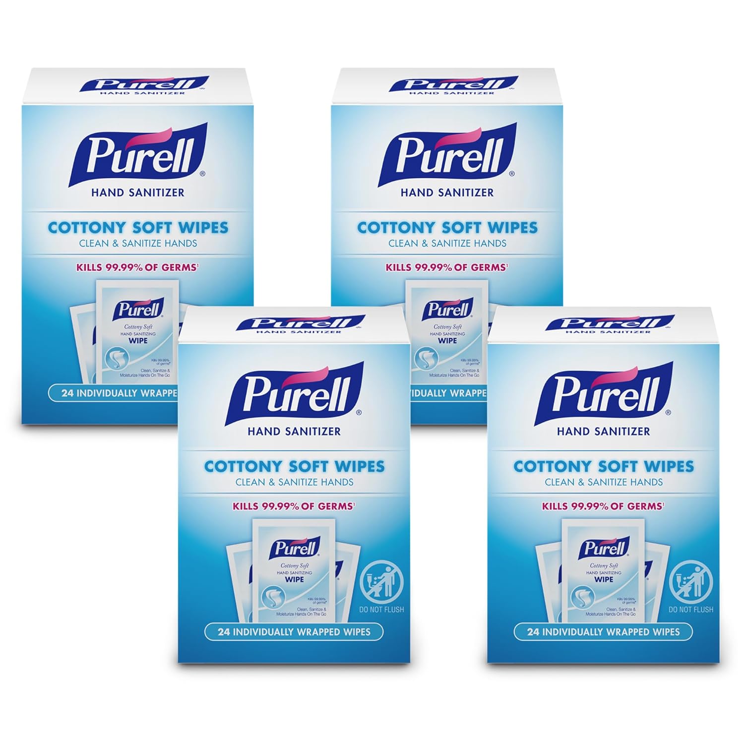 PURELL Cottony Soft Hand Sanitizing Wipes Clean Scent, 24 Individually Wrapped Wipes (Pack of 4 Boxes) – 9029-04-CMR PURELL Cottony Soft Hand Sanitizing Wipes Clean Scent, 24 Individually Wrapped Wipes (Pack of 4 Boxes) – 9029-04-CMR