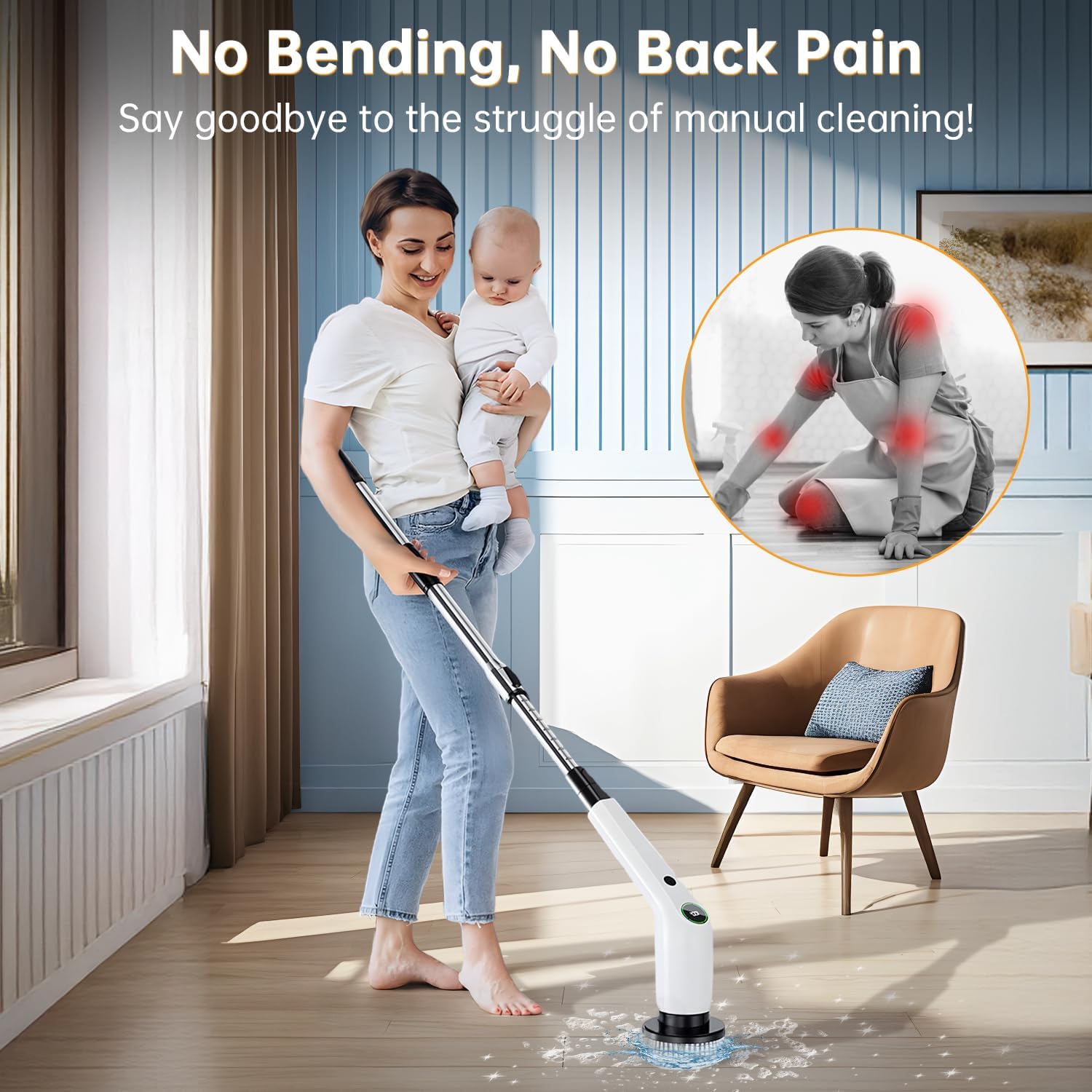 PUFTEM Electric Spin Scrubber, Cordless Shower Scrubber with 8 Scrub Brush, 2 Speed with Adjustable Extension Handle, Battery Level Display, Power Scrubber for Bathroom Bathtub Tile Floor (Black) - Image 3