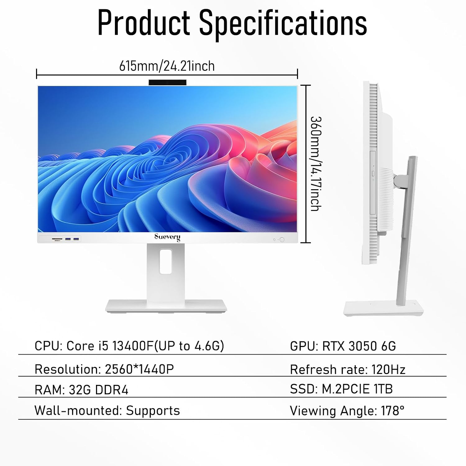 suevery 27Inch All-in-One Desktop PC | 32GB RAM | Core 13th I5-13400F(Up to 4.6G) | M.2 NVMe 1TB SSD | RTX 3050 6G | White AIO Home Office Business Prebuilt Gaming Computer - Image 10