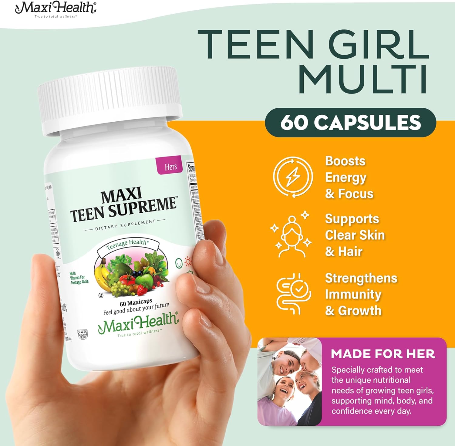 Teen Vitamins for Girls 12-17 - Teen Multivitamin Supreme with D3, Iron, Calcium, Biotin, Digestive Enzymes – Teenager Girl Multi Vitamins for Energy, Immune & Mood Support – 60 Count - Image 3