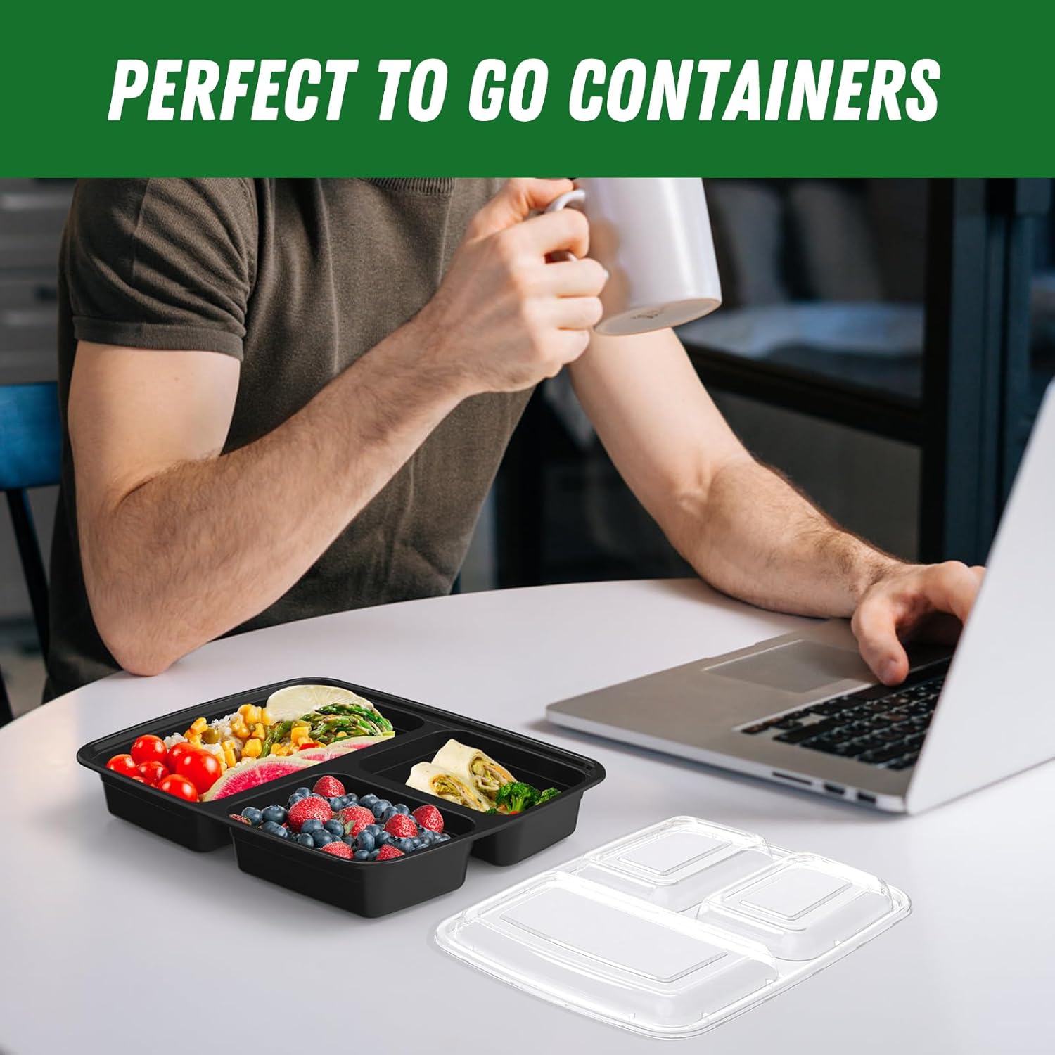 50 Pack (100-Piece) 32 oz Meal Prep Containers Reusable with Lids 3-Compartment, To Go Take Out Plastic Food Storage Containers, Sturdy Leakproof Food Safe, Microwave Freezer Dishwasher Safe, Black - Image 8