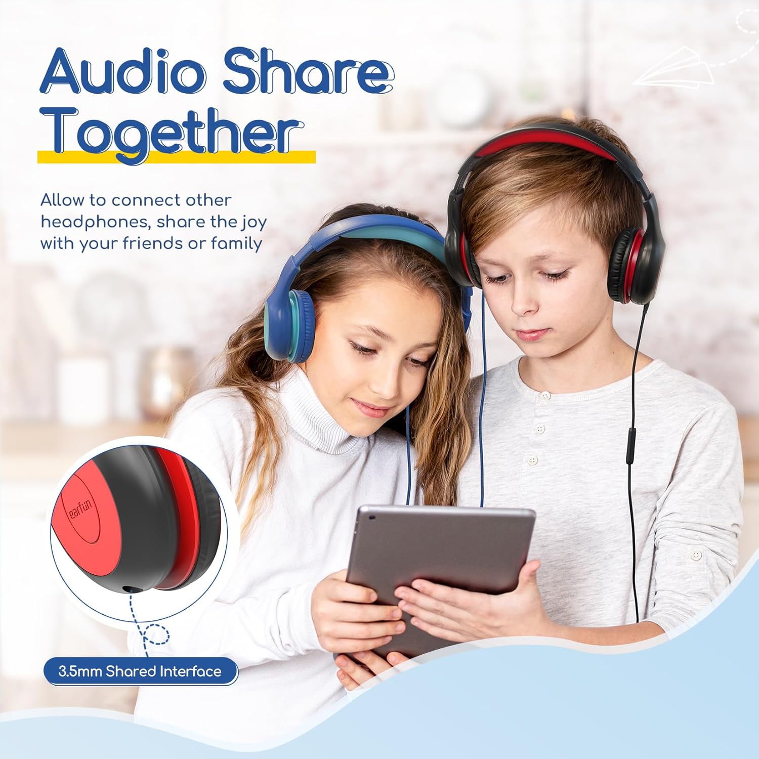 EarFun K1 Kids Headphones Wired with Microphone, 85/94dB Volume Limit Headphones for Kids, Portable Wired Headphone with Shareport, Stereo Sound Foldable Headset for School/Tablet/iPad, Black Red - Image 7