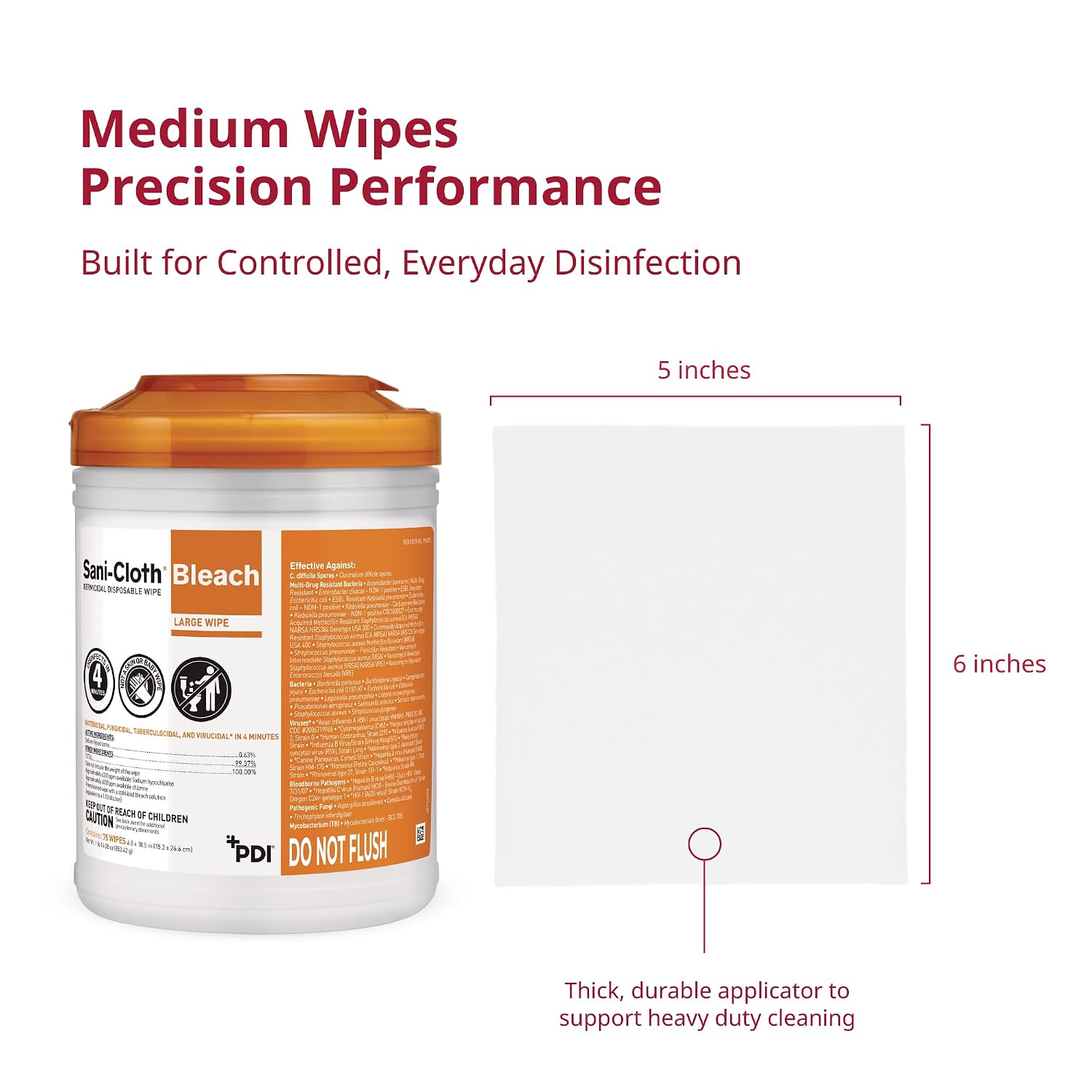 PDI Sani-Cloth Bleach Disinfecting and Cleaning, 160 Count Canister, Medium 6" x 5" Wipes, Hospital-Grade Bleach for Healthcare, Vet, and C. Diff Households - Image 3