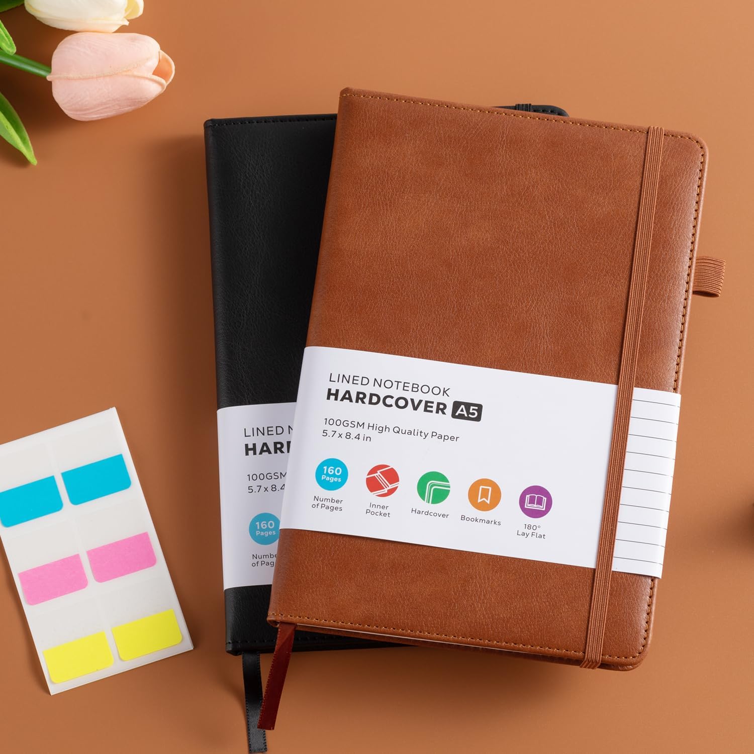 Lined Journal Notebook, A5 (5.7'' x 8.4"), 2 Pack Journaling Notebooks for Women Men Writing Work, Leather Hardcover, 160 Pages per Note Book, 100GSM Thick Paper, School Office Supplies, Black & Brown - Image 6