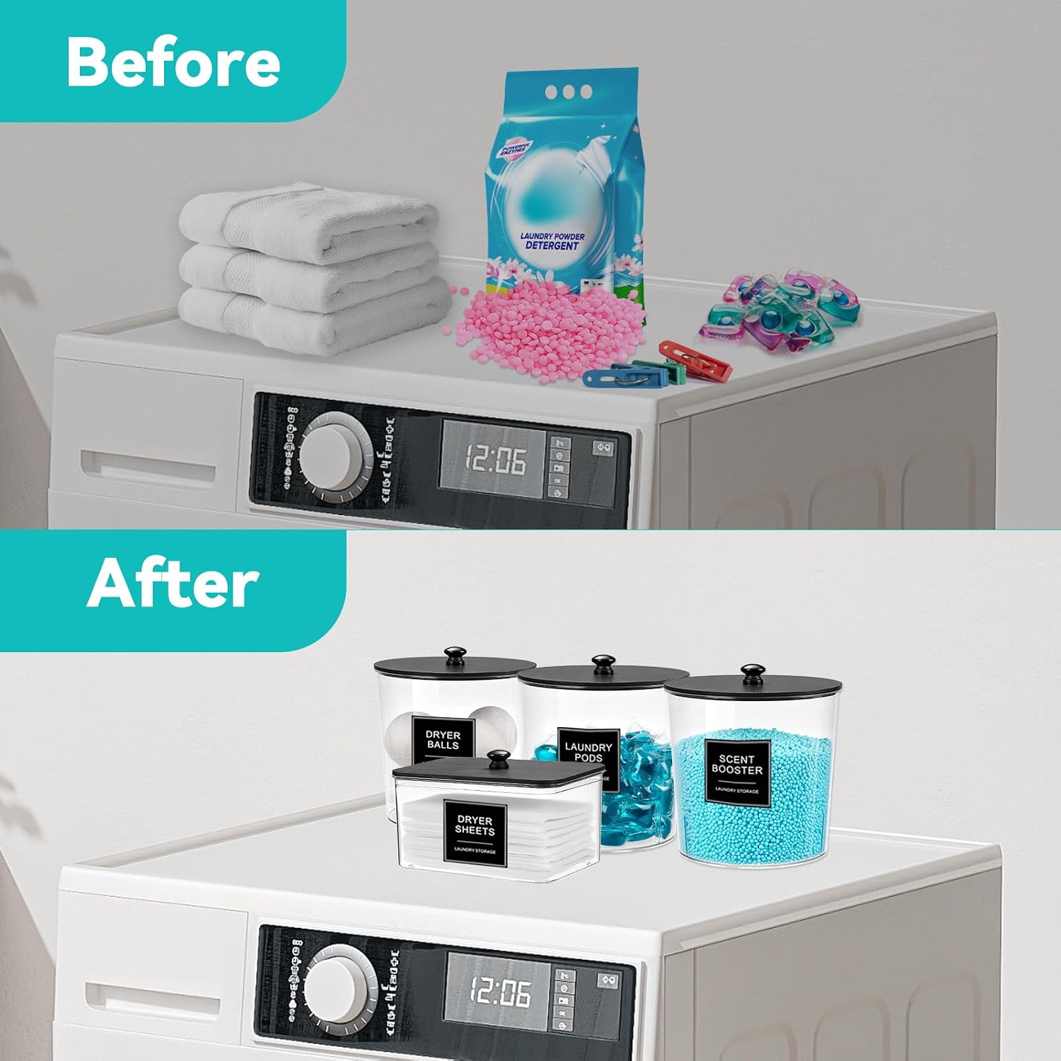 Laundry Pods Container & Dryer Sheet Holder, Laundry Room Organization and Storage Jars with Lids, Labels & Scoops for Powder Detergent Scent Booster, Black Lid - Image 7