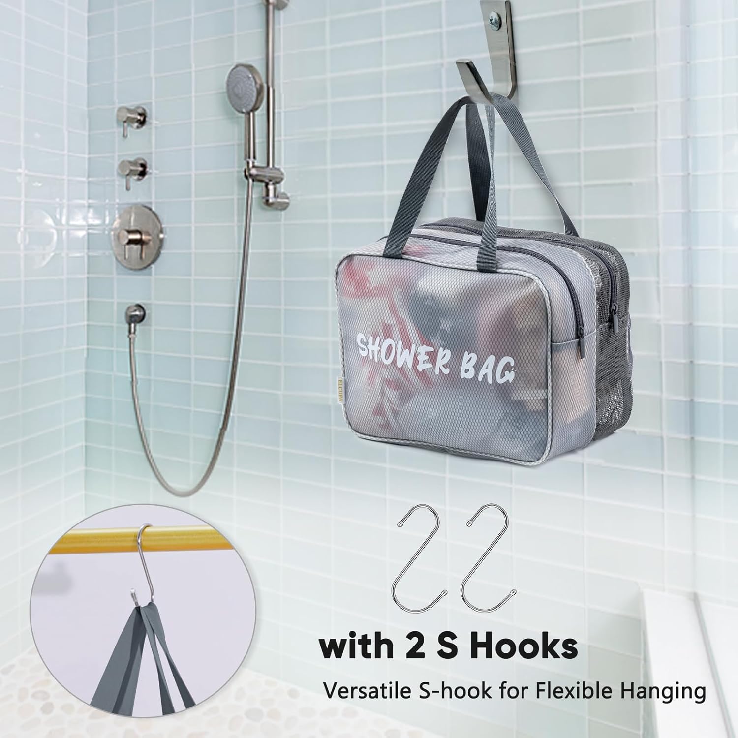 Large Mesh Shower Caddy with Wet & Dry Zones – Portable Hanging Toiletry Bag for College Dorm Room Essentials, Travel, Gym, Camping, Beach Tote Bag – Quick-Dry Shower Tote Organizer - Image 6