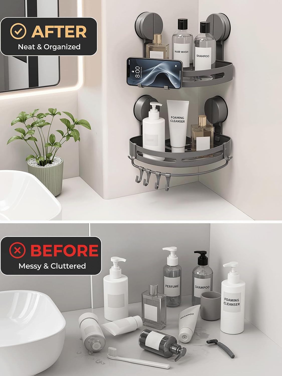Suction Cup Corner Shower Caddy with Towel Bar & Hooks | No drilling required. Strong suction cup corner shelf for bathroom storage. Securely holds all daily shower essentials. - Image 7