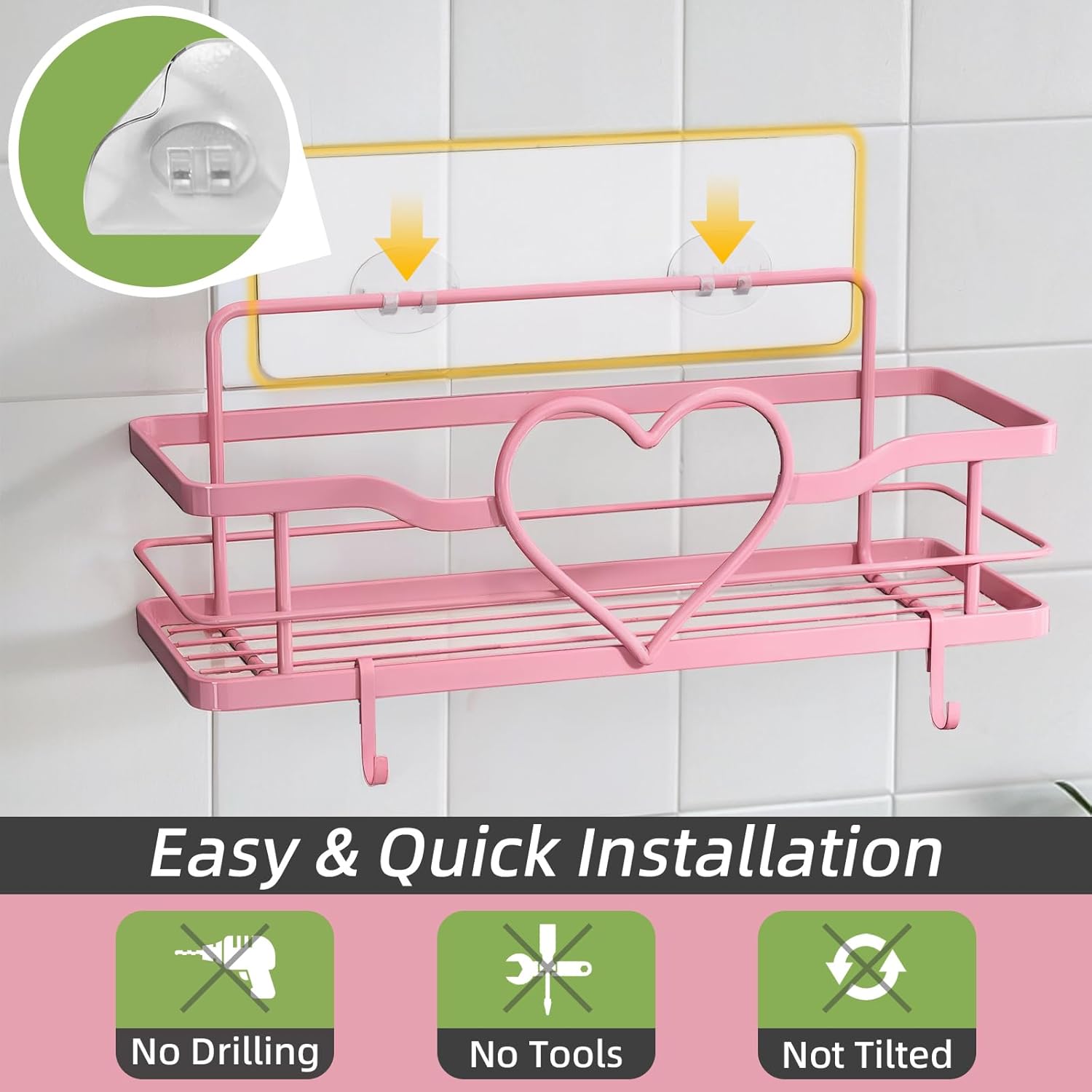 Pink Shower Caddy with 4 Removable Hooks, 2 Pack Sweet Heart Shower Shelves,No Drilling Adhesive Organizer Shelf for Bathroom Shower,Kitchen,Bedroom - Image 6