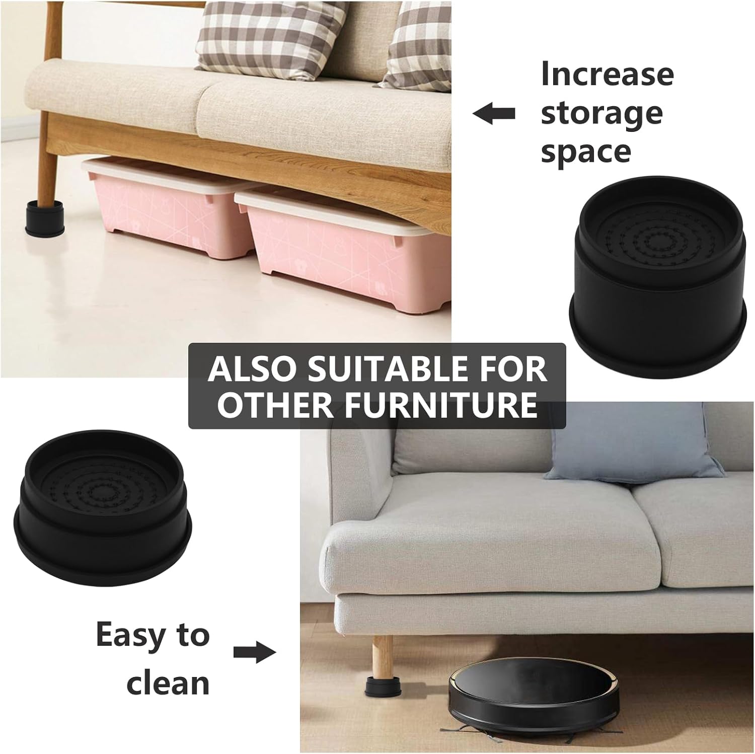 4 Sets Furniture Risers 2 inch Black Bed Risers, Heavy Duty Round Stackable Bed Lifts Risers 2" or 4" for Table, Sofa, Couch, Desk, Adjustable Bed Frame Risers - Image 5