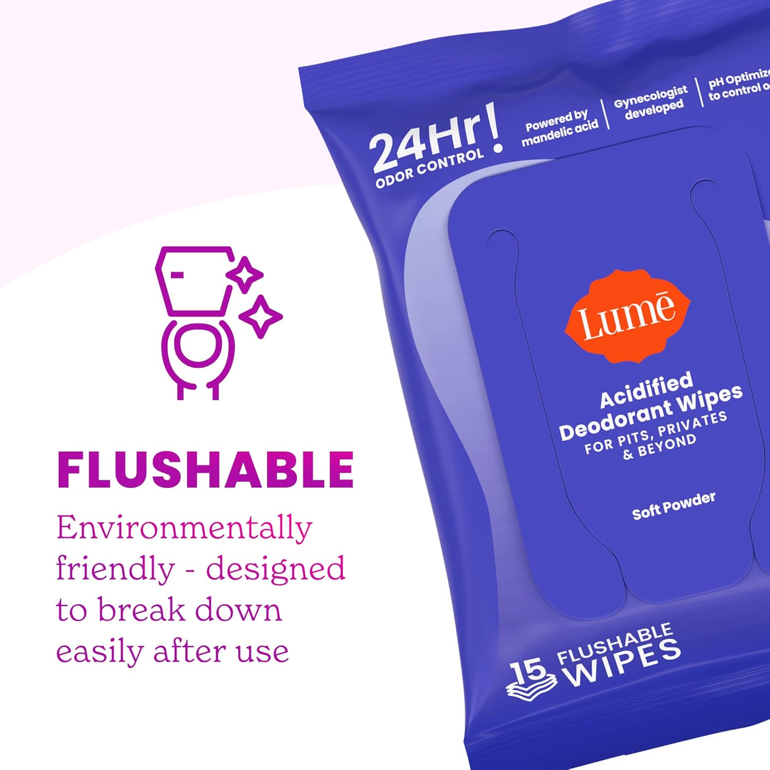 Lume Acidified Deodorant Wipes - 24 Hour Odor Control - Whole Body Deodorant Wipes - Aluminum Free, Baking Soda Free, Skin Loving - Flushable - 15 Count - 3 Pack (Soft Powder) - Image 8