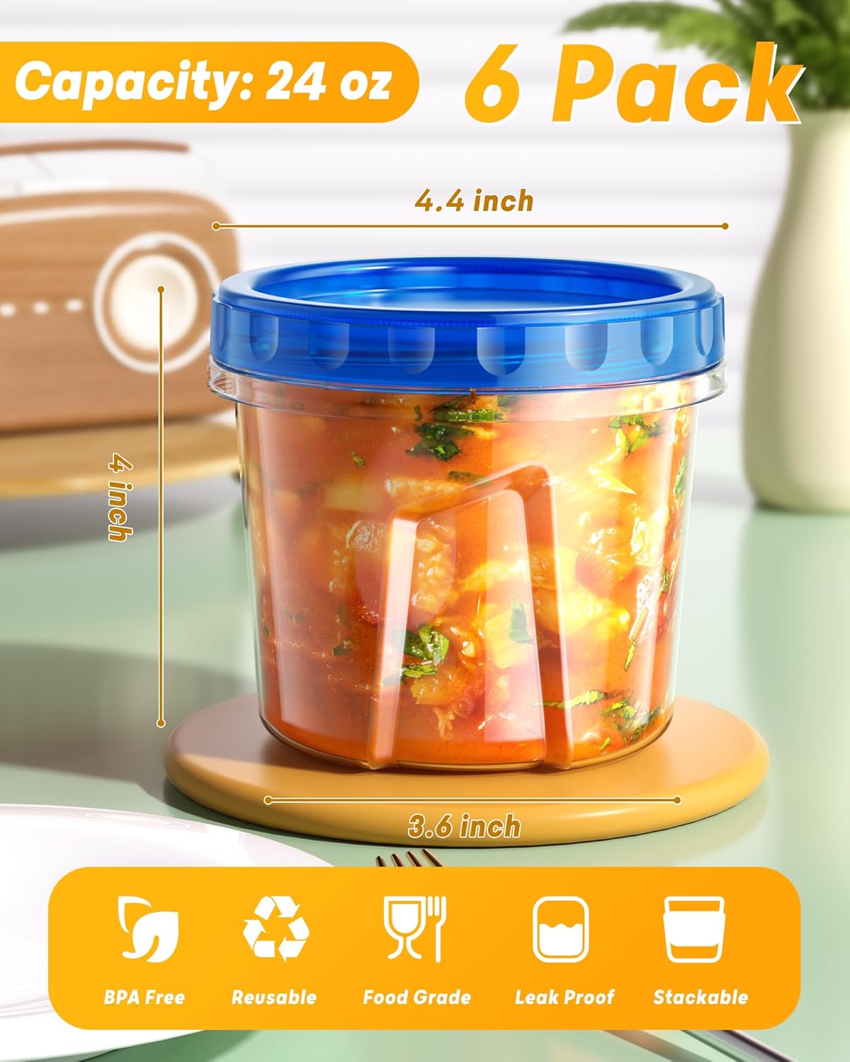 BiuLeon 6 Pack-24 oz Freezer Storage Containers, Plastic Food Storage Containers with Twist Top Lids, BPA Free and Reusable Soup Containers with Lids, Leakproof/Microwave/Dishwasher Safe - Image 3
