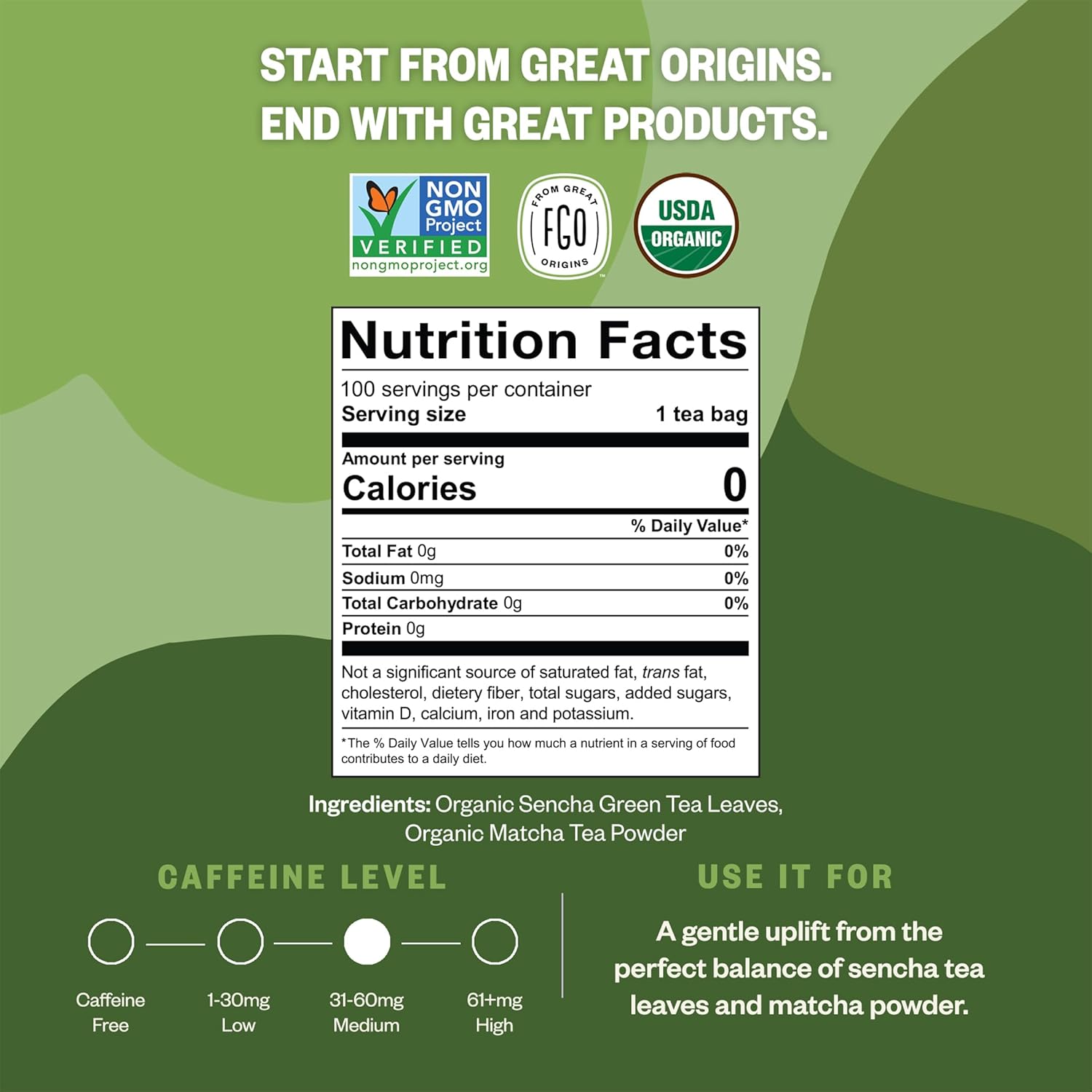 FGO Organic Japanese Matcha + Green Tea, 100 Count, Eco-Conscious Tea Bags, Resealable Bag, Packaging May Vary (Pack of 1) - Image 4