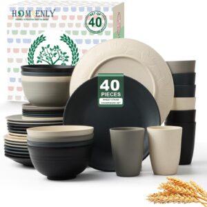 Homienly Kitchen Wheat Straw Dinnerware Set 40 PCS – Dinner Plates, Cereal Bowls, Wheat Straw Cups Set, Microwave and Dishwasher Safe Dishes Set, Unbreakable Dish Set for Party, Outdoor(Grey Stone)