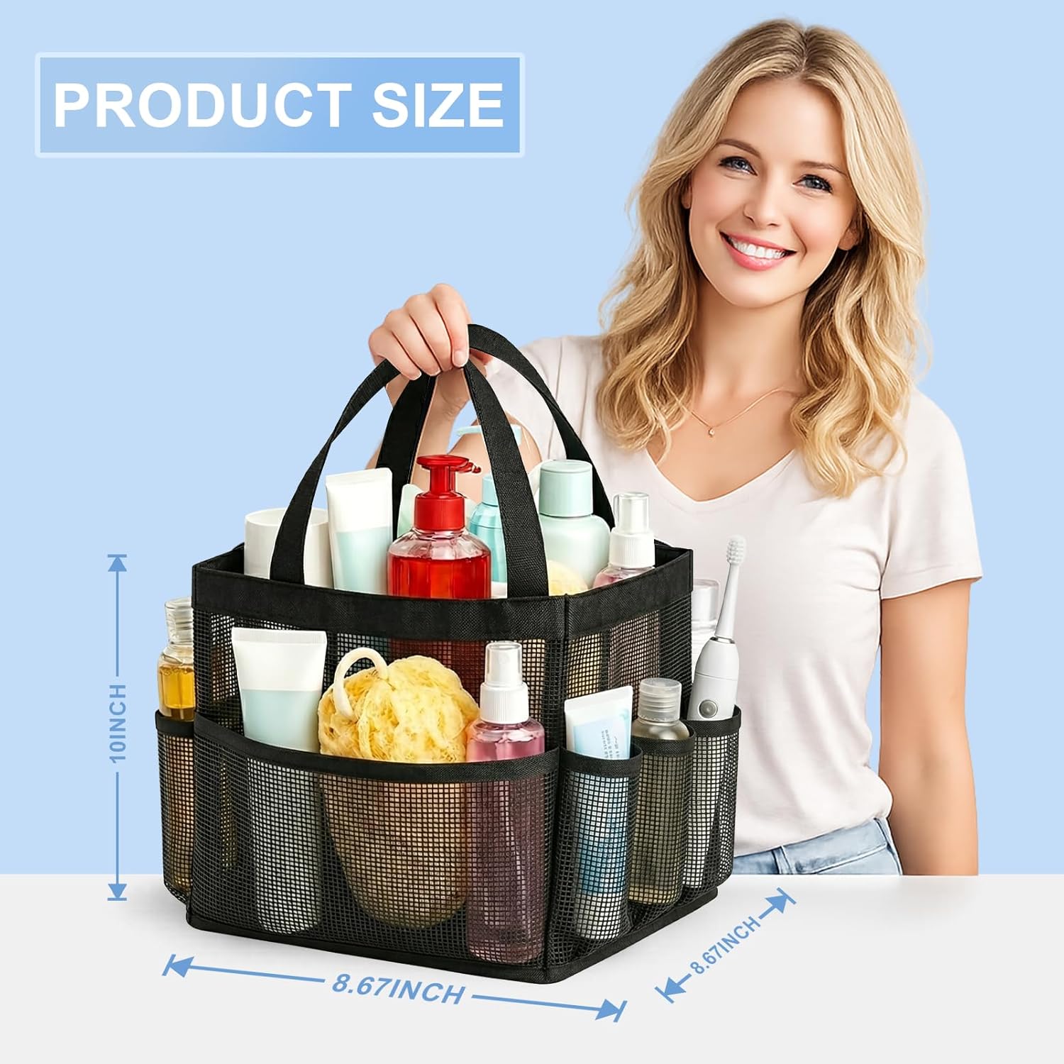 Mesh Shower Caddy Portable for College Dorm Room Essentials, Shower Caddy with 9 Pockets, Shower Bag for Toiletry, Camping, Swimming, Gym, Beach - Image 3
