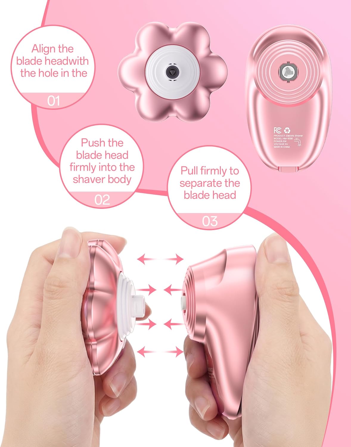 5-in-1 Electric Razors for Women, 7D Magnetic Heads Full Body Shaver, Waterproof Wet Dry Hair Remover with LED Display, Rechargeable Bikini Trimmer for Underarms, Face, Legs, Lips, Arms (Pink) - Image 8
