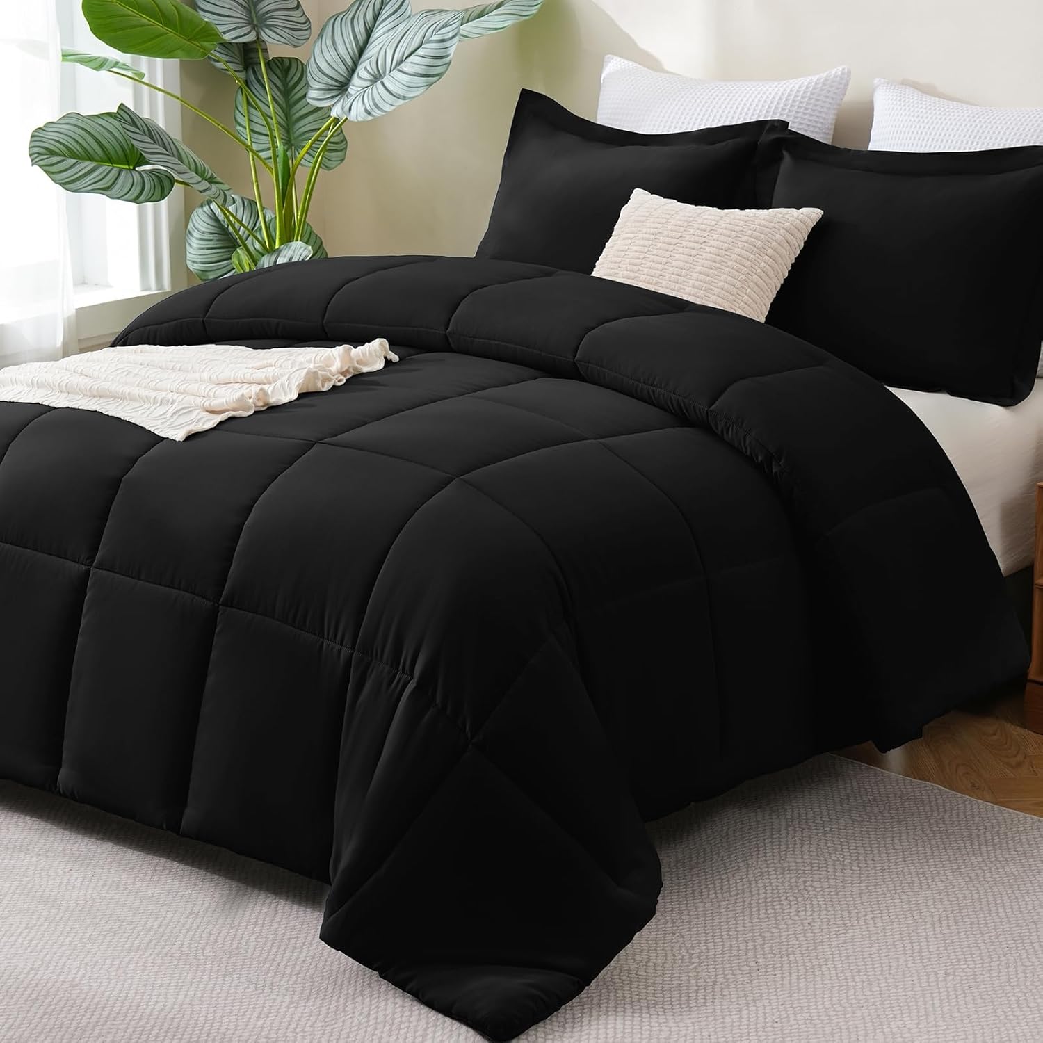 CozyLux Queen Comforter Set Black - 270GSM 3 Pieces Box Stitched Comforters Queen Size, Soft Bed Set for All Seasons, Lightweight Bedding Sets with 1 Down Alternative Comforter and 2 Pillow Shams - Image 2