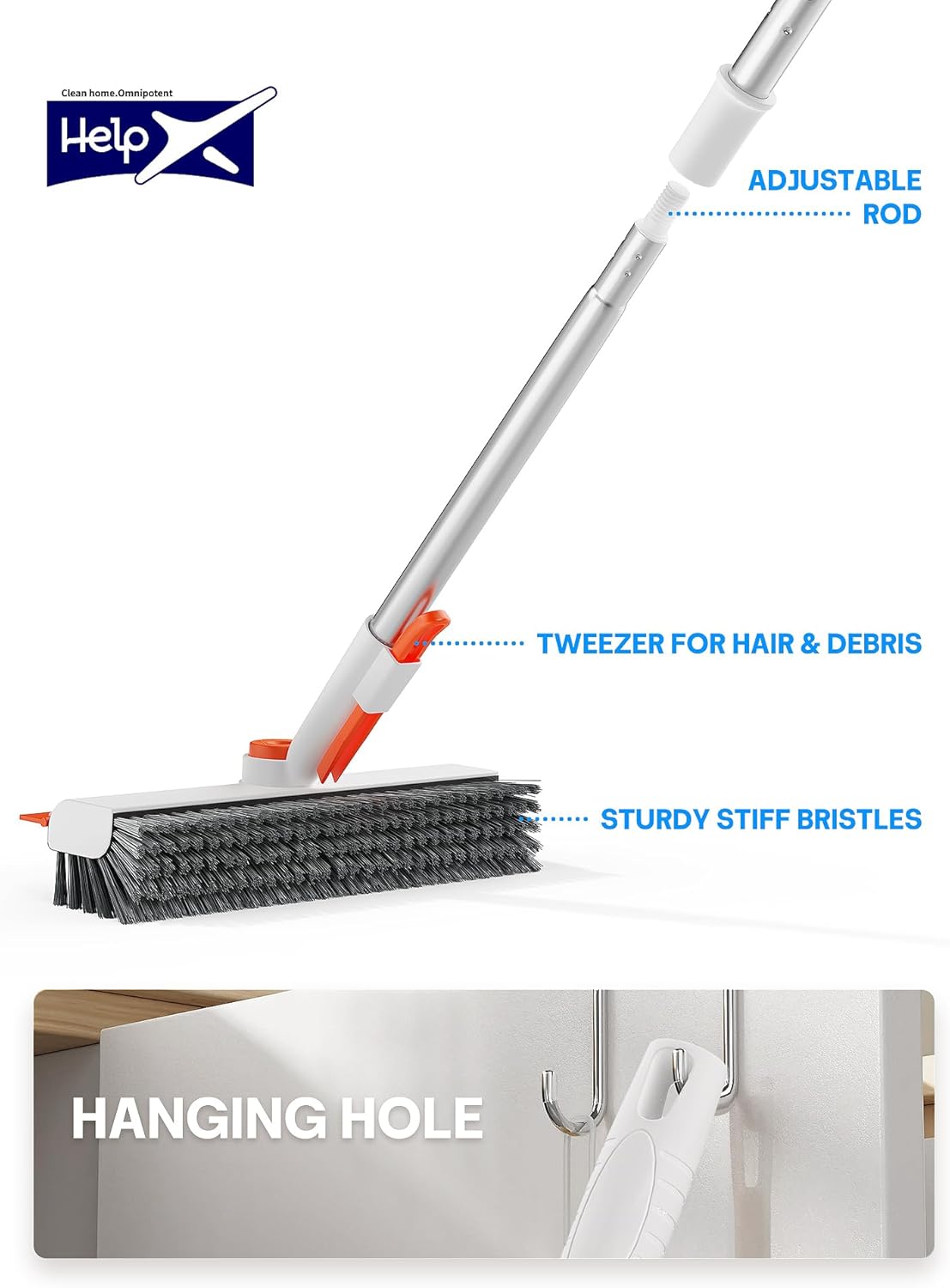 Floor Scrub Brush with Long Handle, 3 in 1 Scrape and Heavy-Duty Stiff Bristle Floor Scrubber Brush with Squeegee and Tweezer for Cleaning Tile Wall Deck (Orange and White) - Image 6