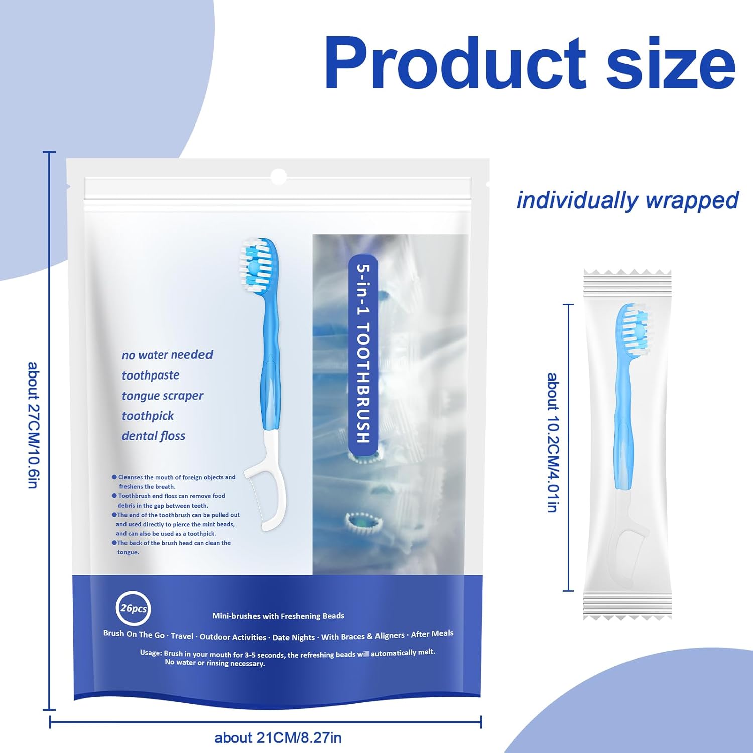 5-in-1 Disposable Mini Travel Toothbrushes with Toothpaste – 26 Pack Individually Wrapped No Water Needed, Portable Toothbrush with Tongue Scraper Floss & Pick - Image 8