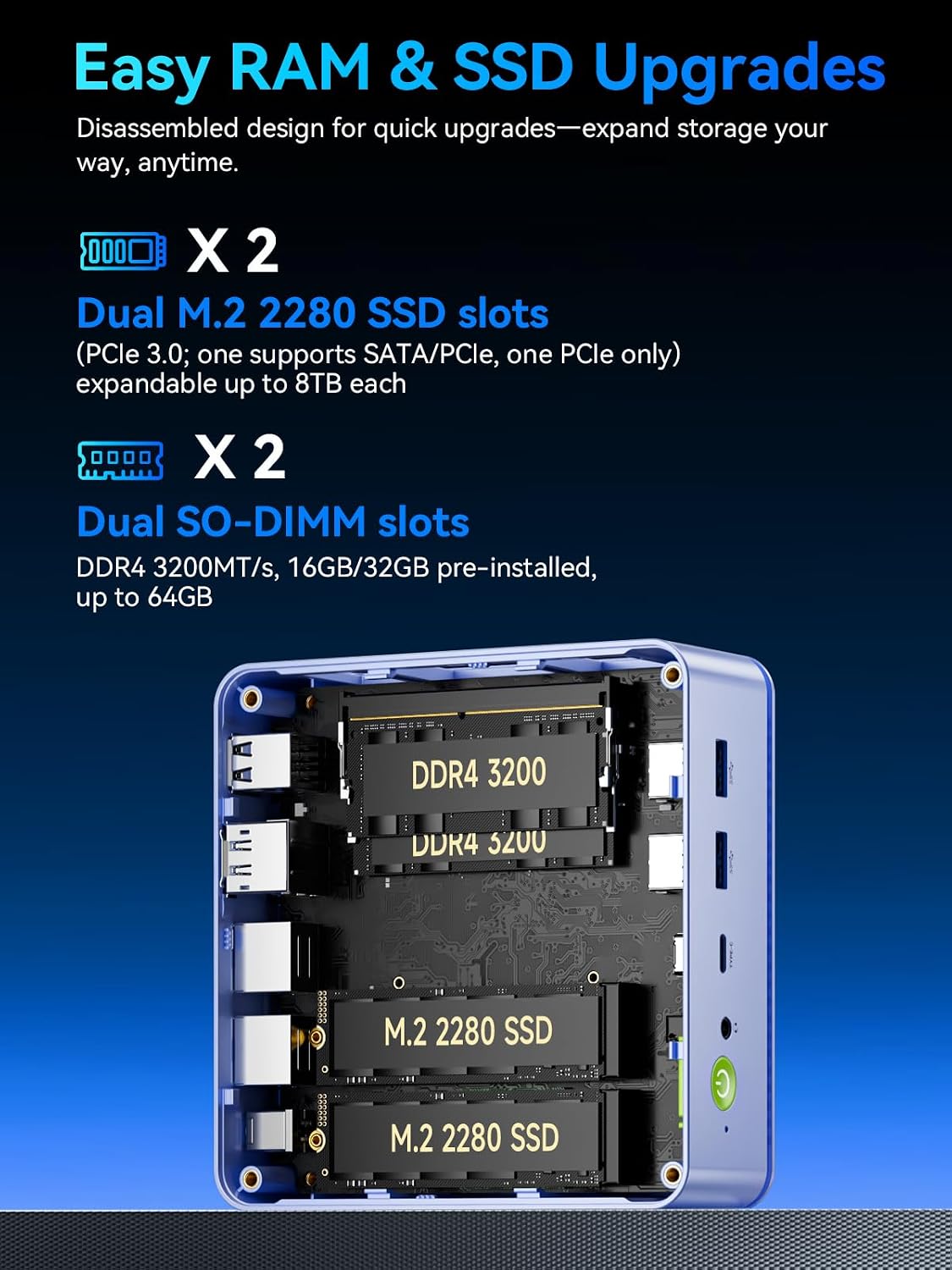 GMKtec M5 Ultra Gaming Mini PC Ryzen 7 7730U (Upgraded 7430U/ 5825U), 32GB RAM 512GB SSD Dual NIC LAN 2.5GbE Desktop Computers, Triple 4K Display, WiFi 6E, USB-C, BT 5.2, DP, HDMI 2.0 Blue - Image 7