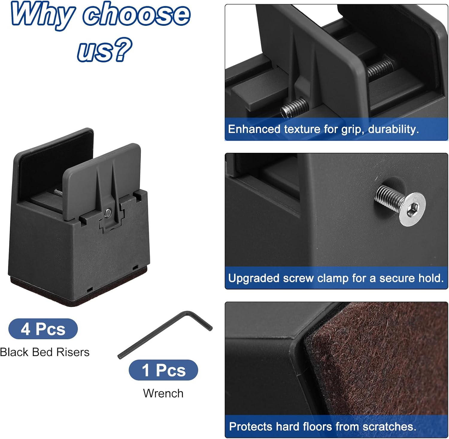 uxcell 2 inch Bed Risers with Adjustable Screw Clamp, 4Pcs Furniture Risers for Bed, Desk, Sofa, Table, Fit for Furniture Thickness 0.39-1.45", Supports 5000 Pounds, Black - Image 4