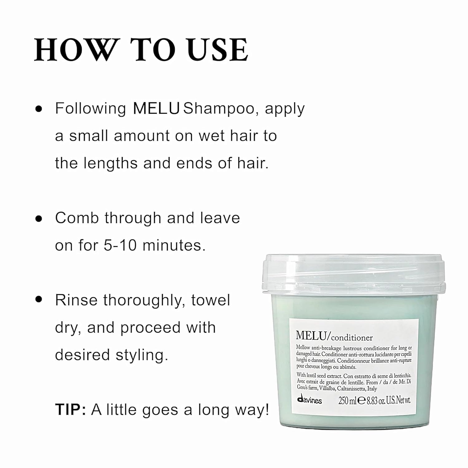 Davines MELU/Conditioner, Anti-Breakage & Fortifying Formula for Long or Damaged Hair - Smooths Split Ends with Black Chickpea - Lightweight Treatment Strengthens Strands - Image 5