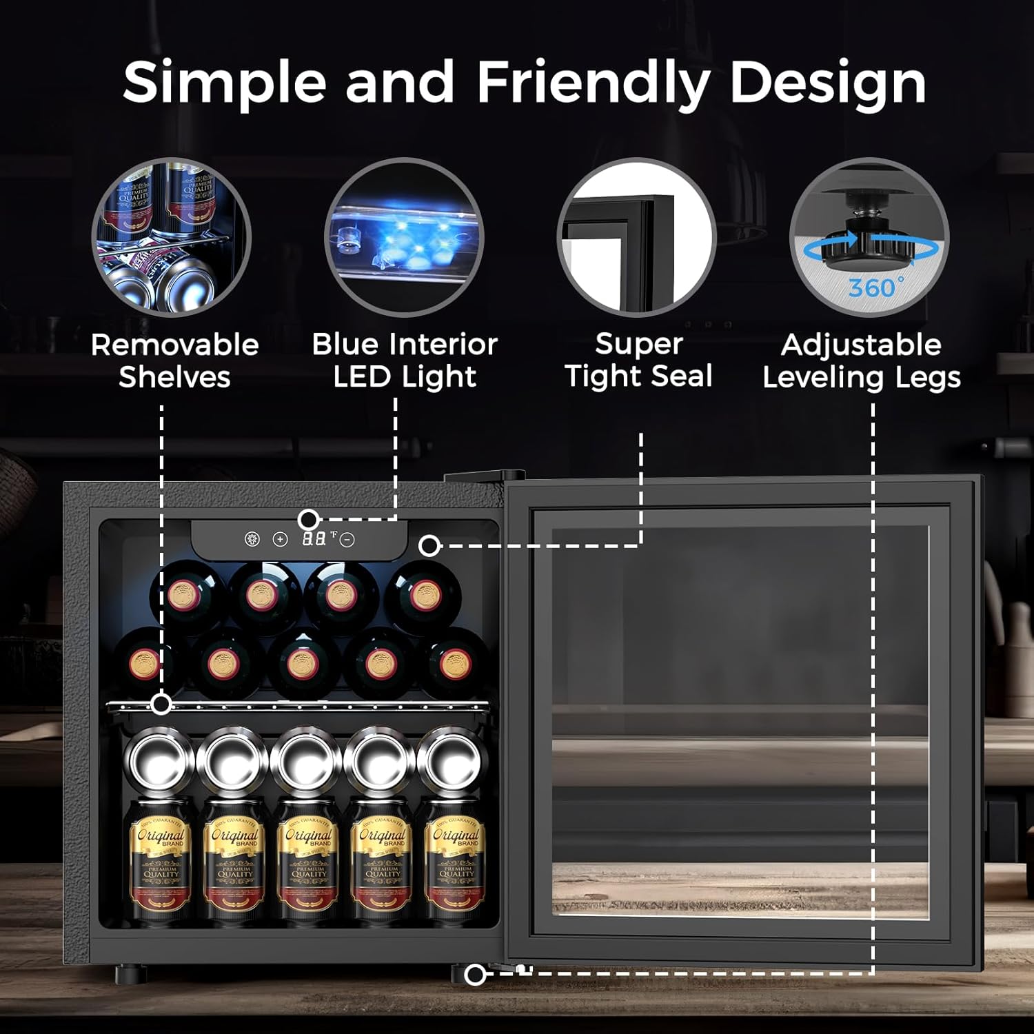 Kndko Mini Beverage Refrigerator - 48 Can Mini Fridge with Digital Temperature Control, LED Light, Reversible Door, Perfect for Home, Office, Bar, and Game Room - 1.3 Cu.Ft, Black - Image 7