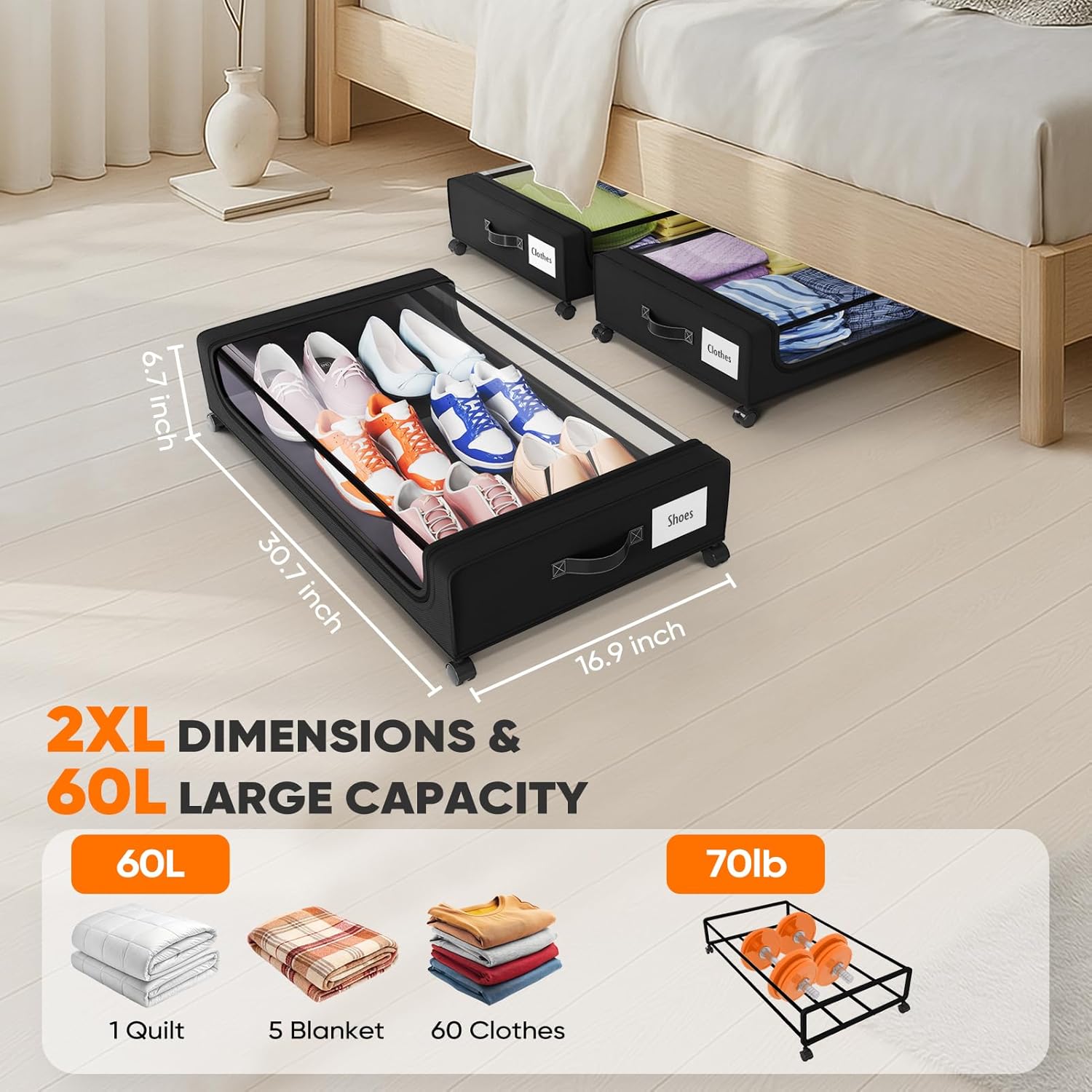 Camkey® Under Bed Storage with 360° Wheels, 2-Pack, 60L Low-Profile Rolling Underbed Bins for Clothes, Shoes, Toys & Books,Easy Pull-Out, Dust Protection, Space-Saving Organizer for Bedroom/Dorm,Black - Image 3