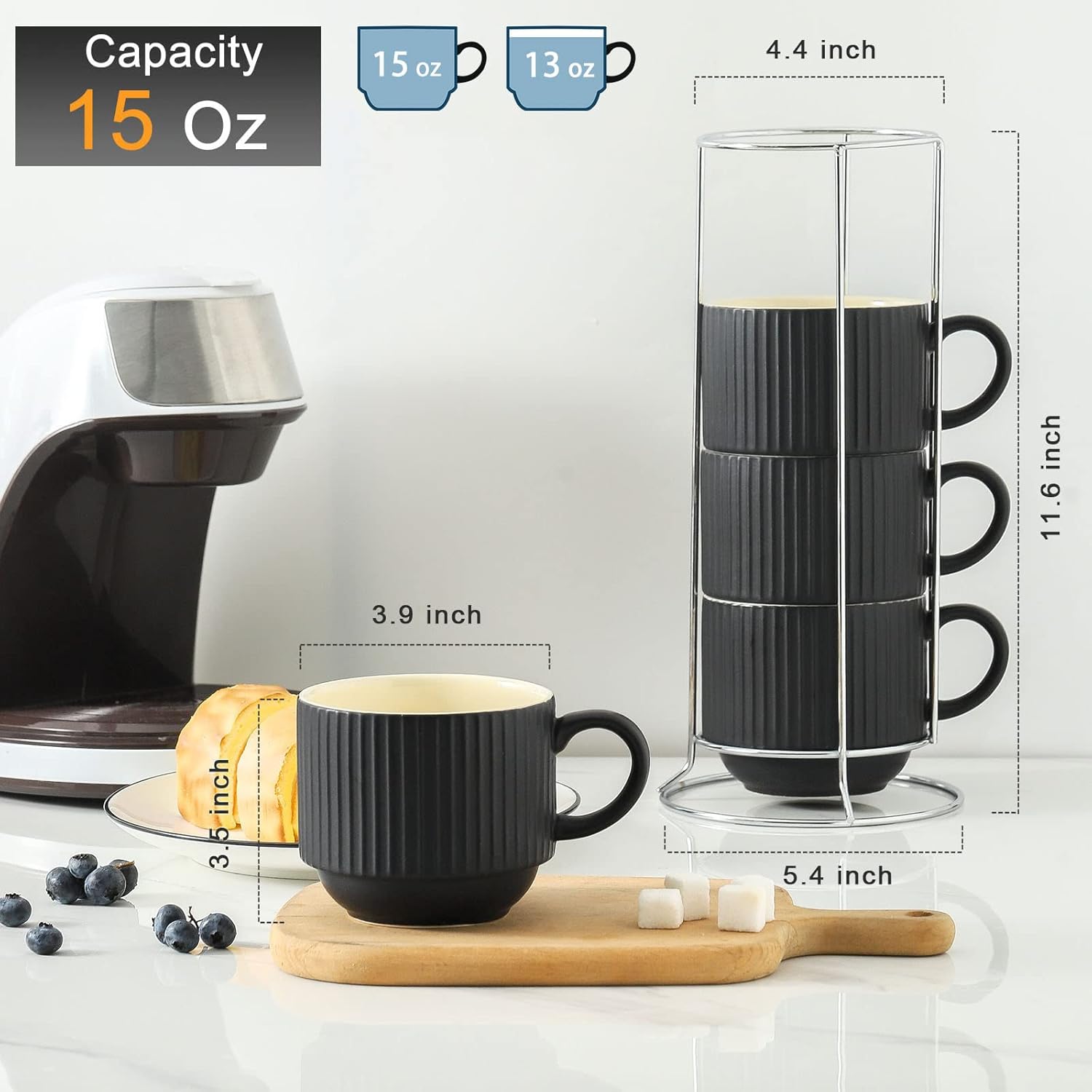 HASENSE Coffee Mug Ceramic Set of 4 with Stand, Stackable Large Latte Cups with Metal Stand, Dishwasher & Microwave Safe, Black for Cappuccino Tea Hot Cocoa - Image 4
