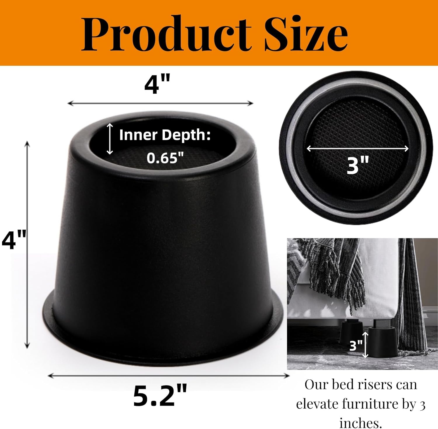 Noamus 6 Pack Round Bed Risers, 4 Inch Furniture Raising Blocks, Black Lifts with Non-Slip Foam Pads, Heavy Duty Dorm Bed Frame Extenders for Desk Chair, Table Legs, Sofa Couch - Image 3