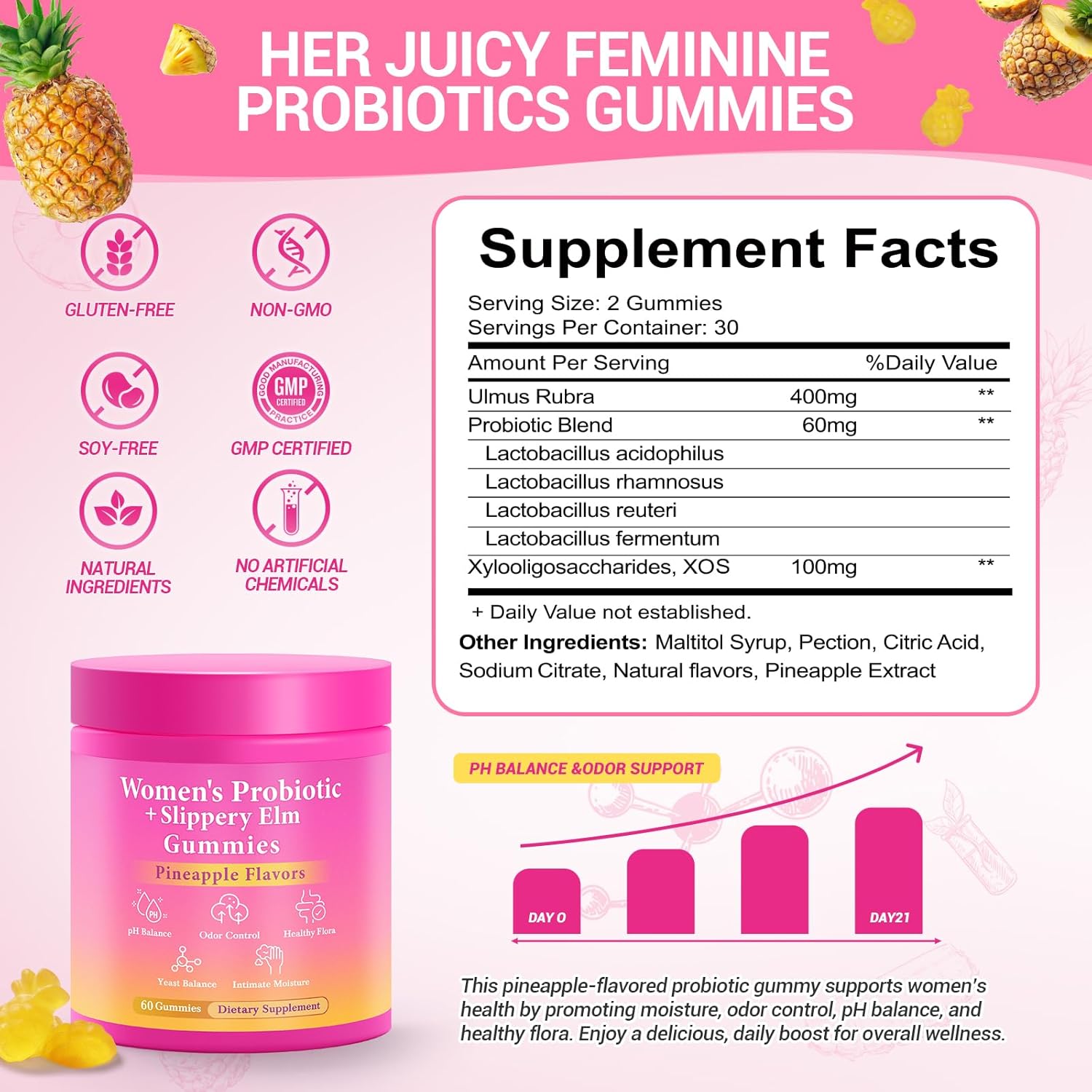 BURMINY Her Juicy Feminine Probiotics Gummies, Premium Feminine Balance Probiotics with Slippery Elm for Women's pH Balance and Freshness – Support Daily Wellness & Comfort 60 Pineapple Gummies - Image 3