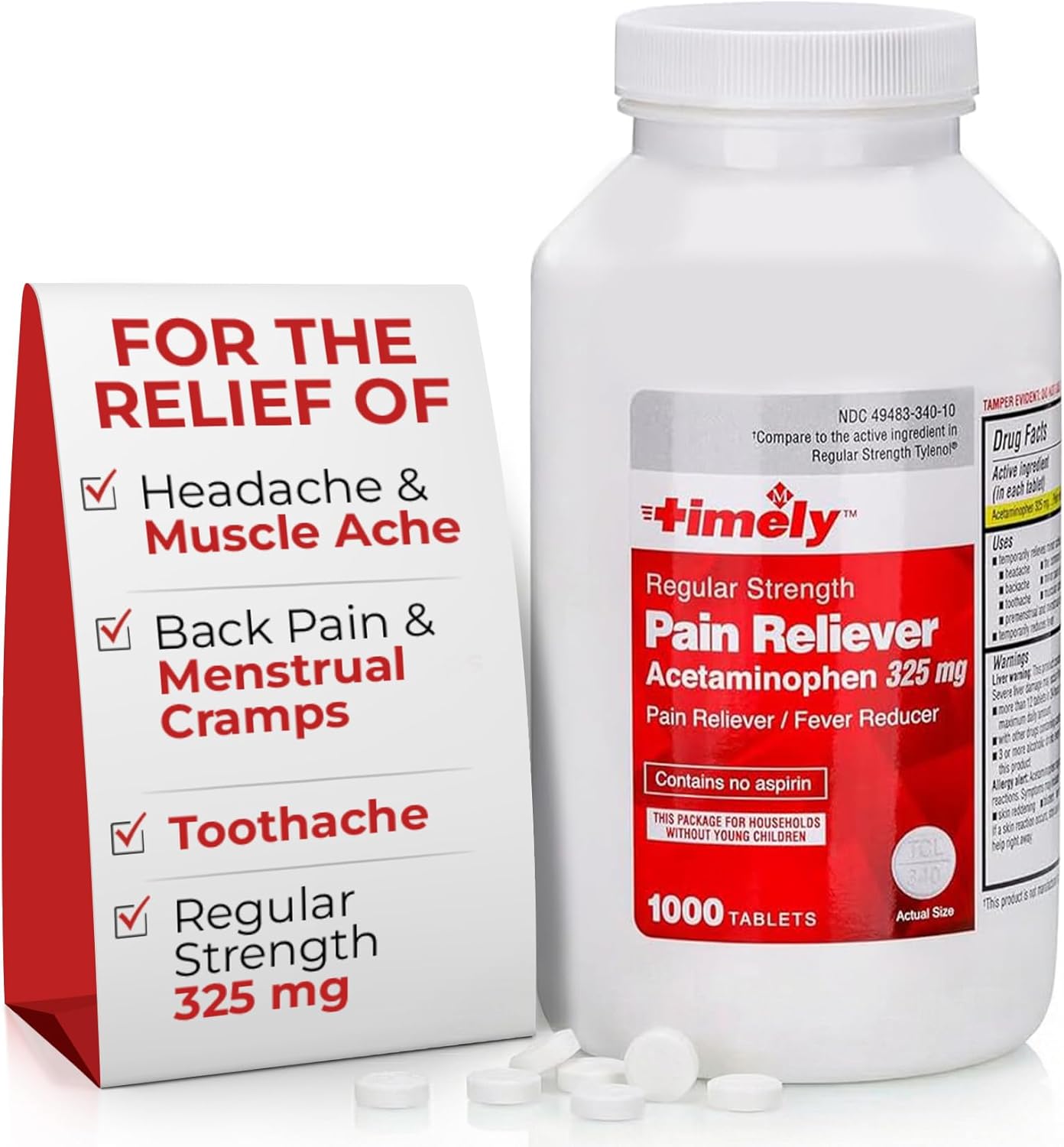 TIME-Cap Labs 1000 Tablets Regular Strength Acetaminophen 325mg - Pain Reliever & Fever Reducer for Adults, Helps with Headaches, Backaches, Muscle Pain, Toothaches, Arthritis & Menstrual Cramps - Image 2