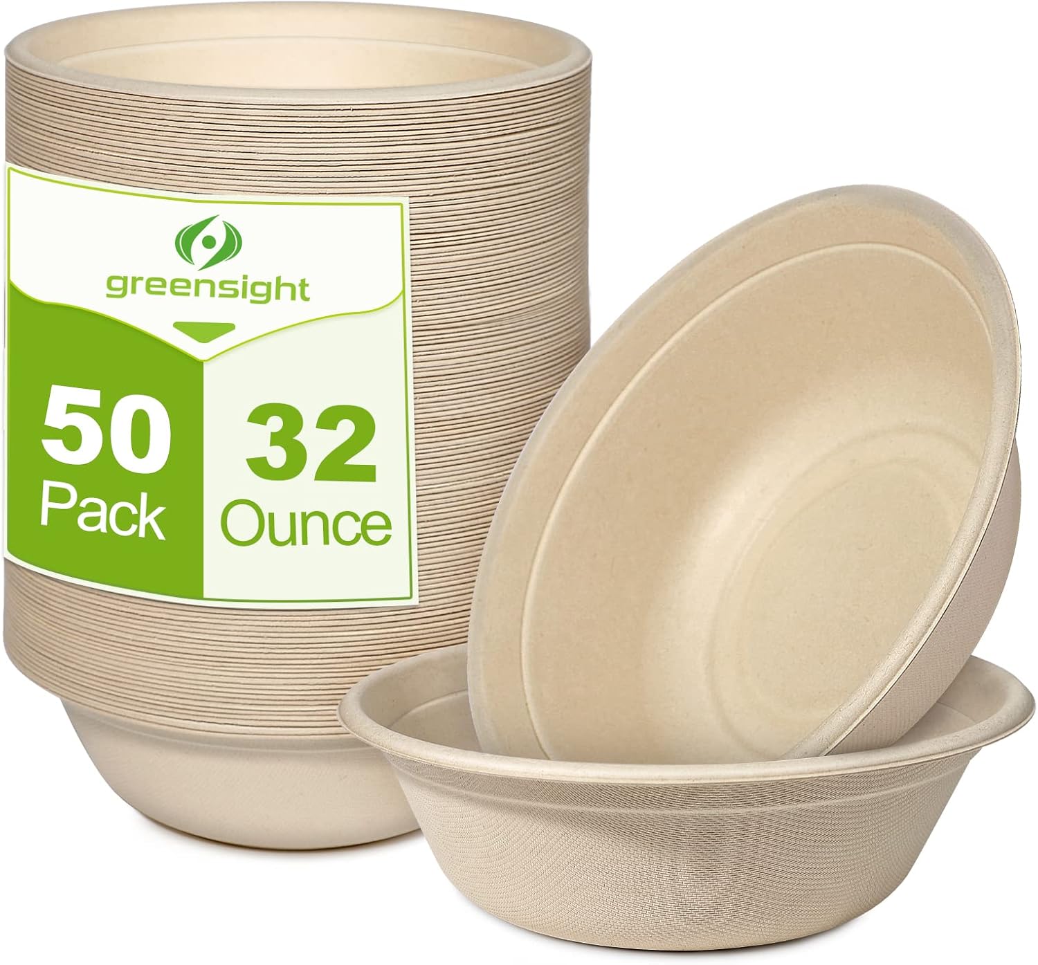 greensight Large Disposable Paper Bowls 32oz - 50 Pack Heavy Duty Compostable for Hot and Cold Food, Biodegradable Made of Sugarcane - Image 2